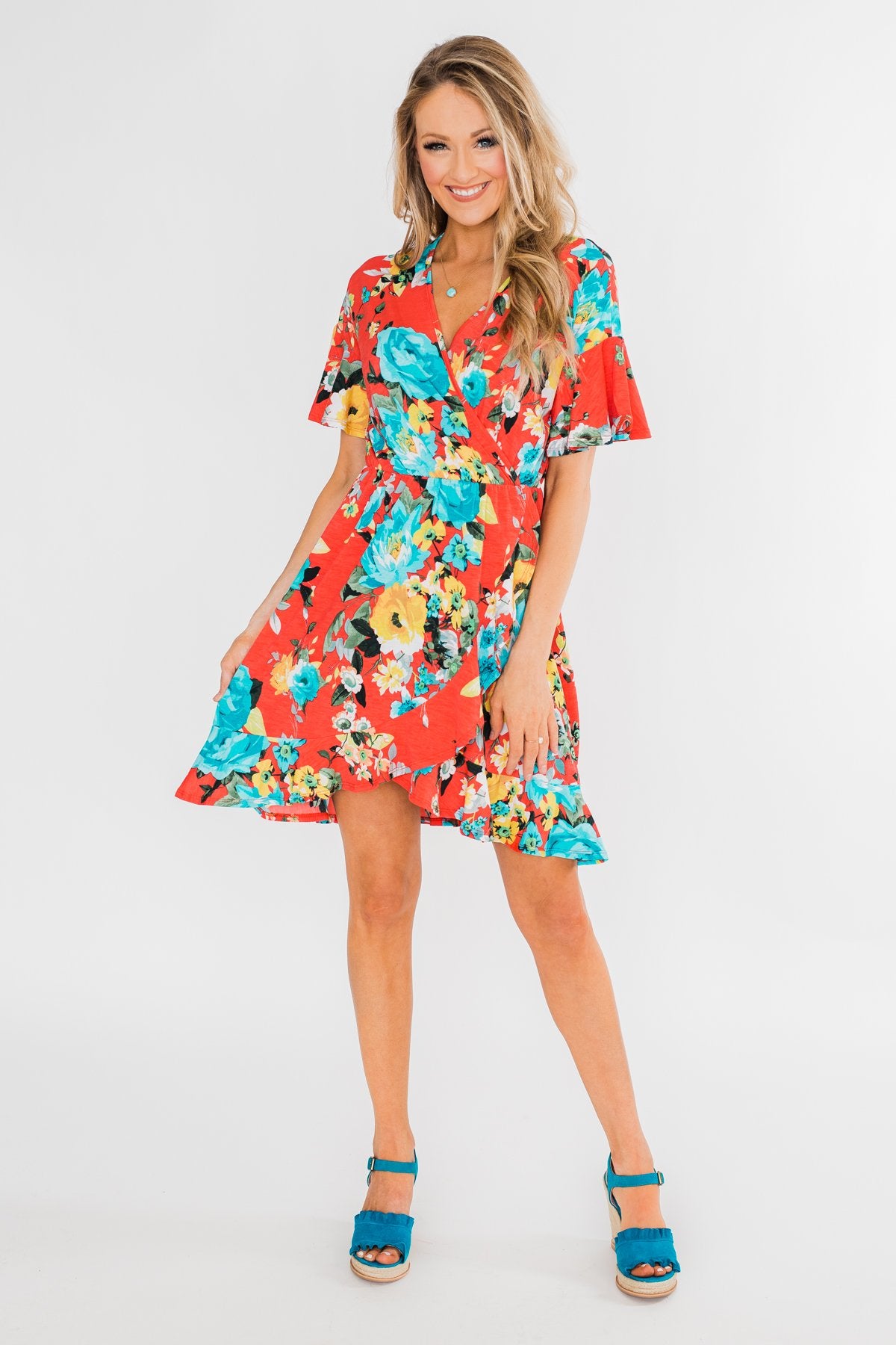Time To Twirl Floral Ruffle & Wrap Dress- Deep Coral