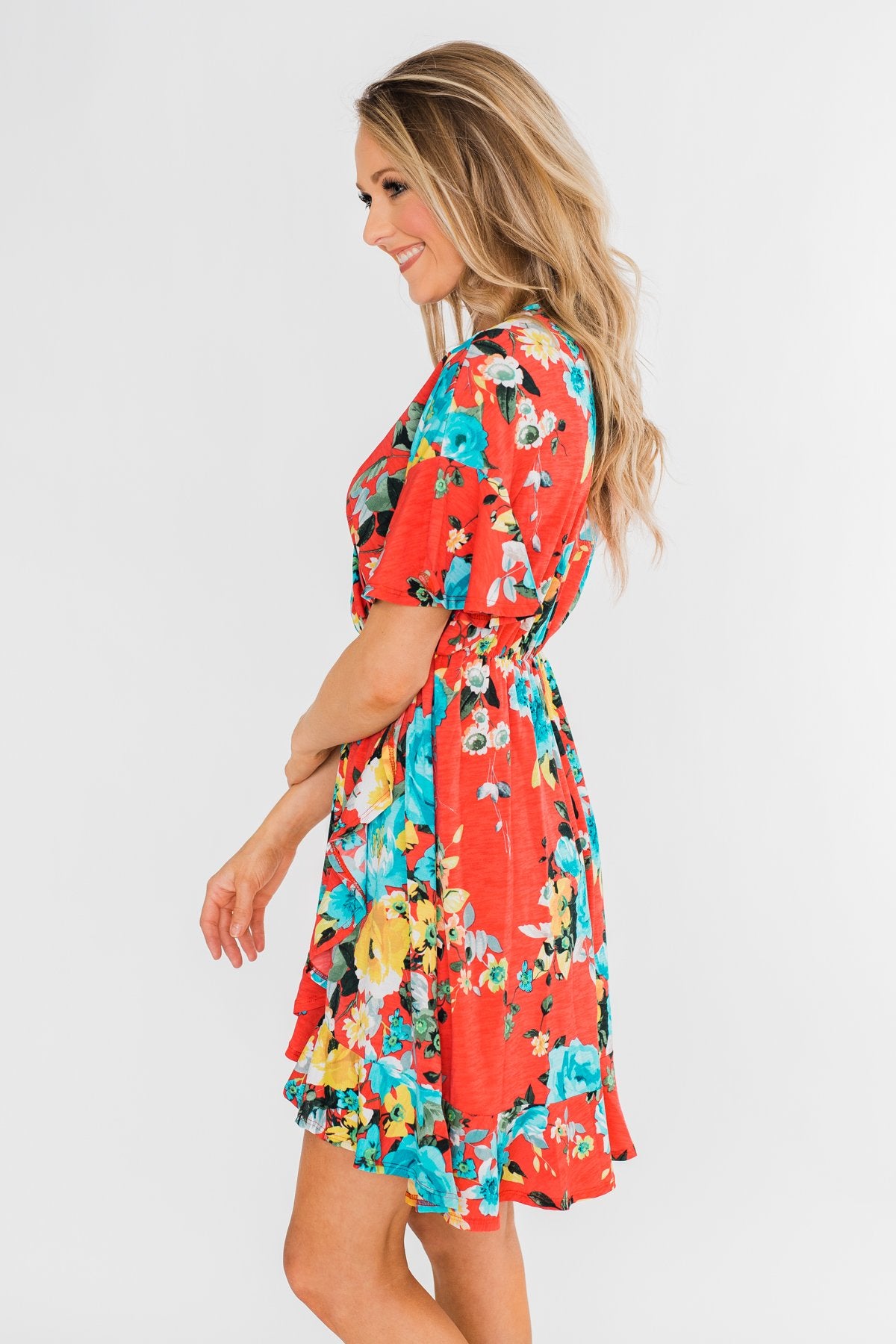 Time To Twirl Floral Ruffle & Wrap Dress- Deep Coral