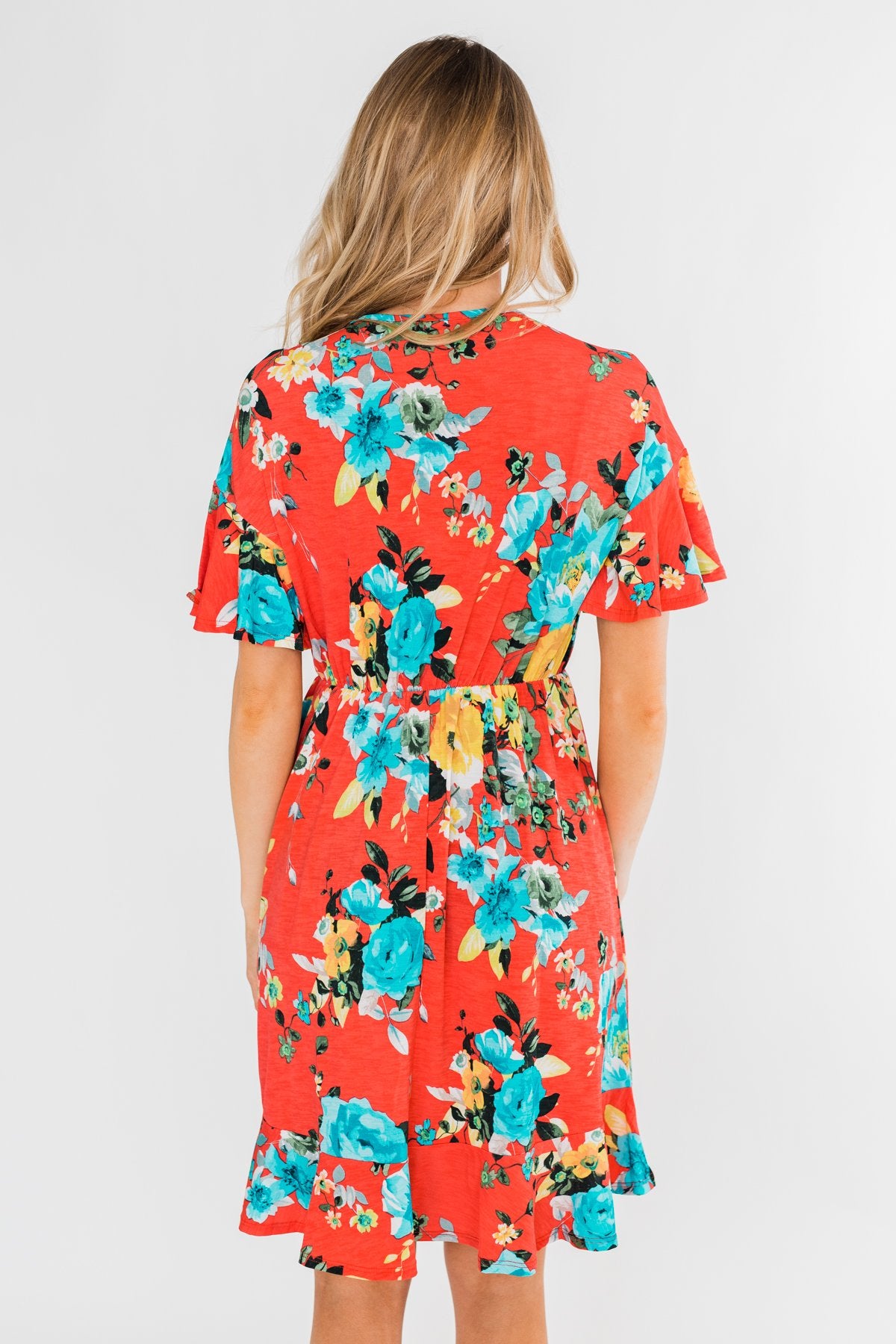 Time To Twirl Floral Ruffle & Wrap Dress- Deep Coral