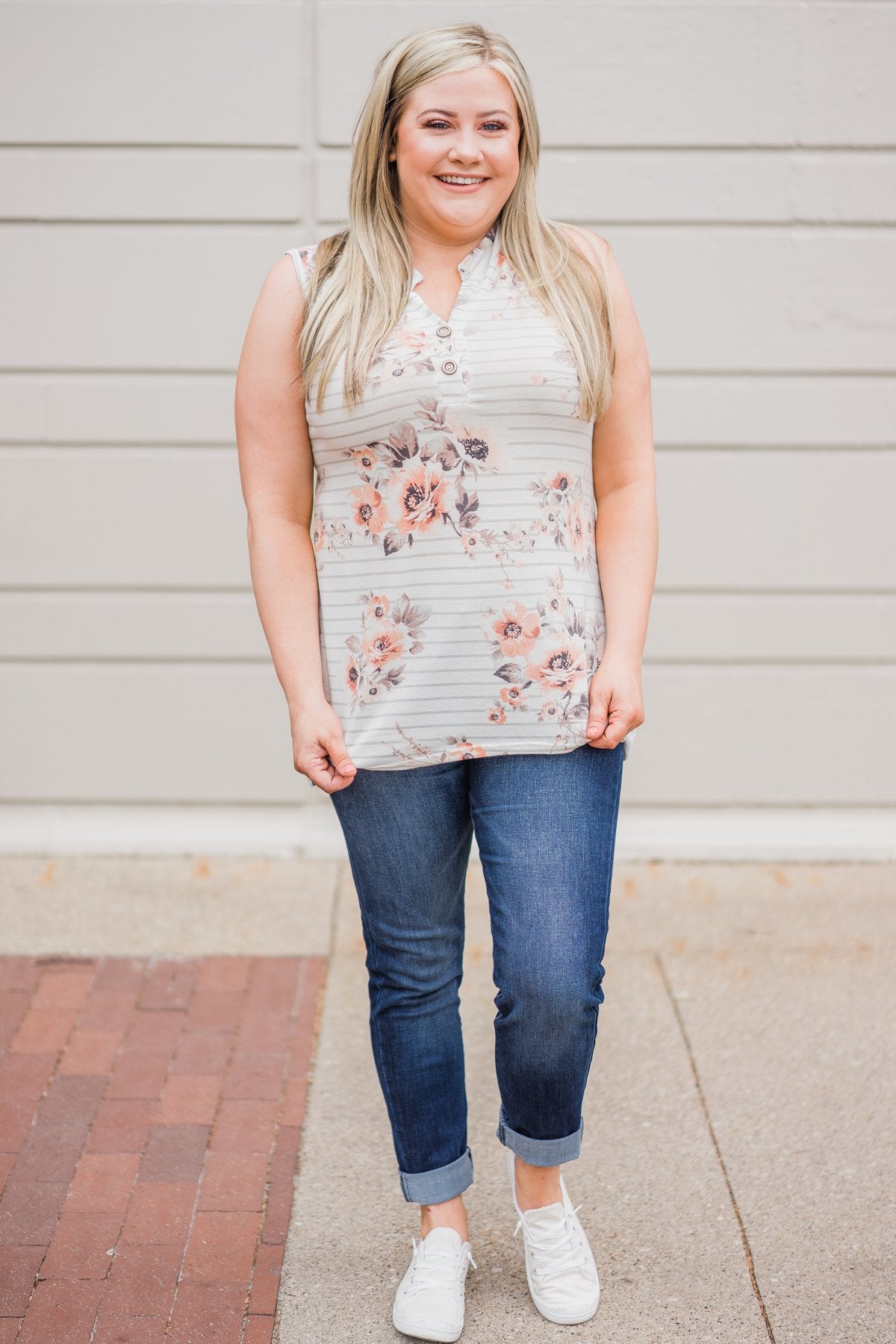 Stripes and Floral Tank Top- Ivory