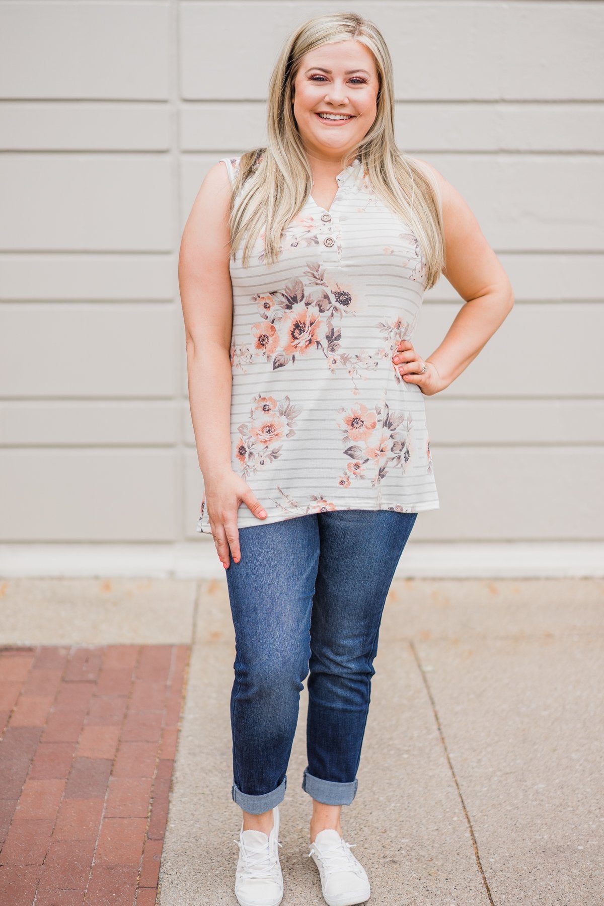 Stripes and Floral Tank Top- Ivory