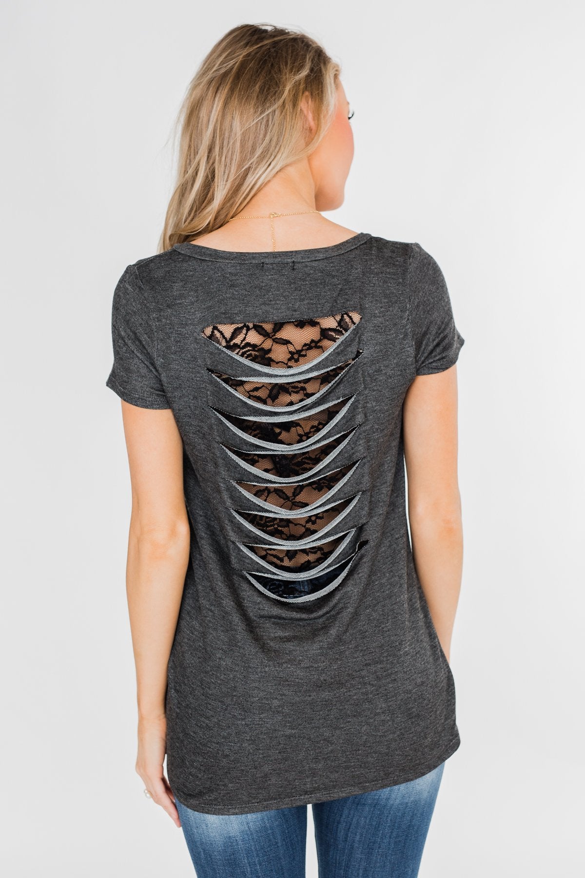 Torn Up in Lace Pocket Top- Black & Charcoal