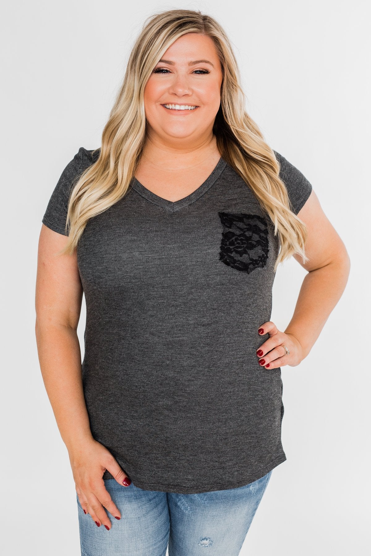 Torn Up in Lace Pocket Top- Black & Charcoal