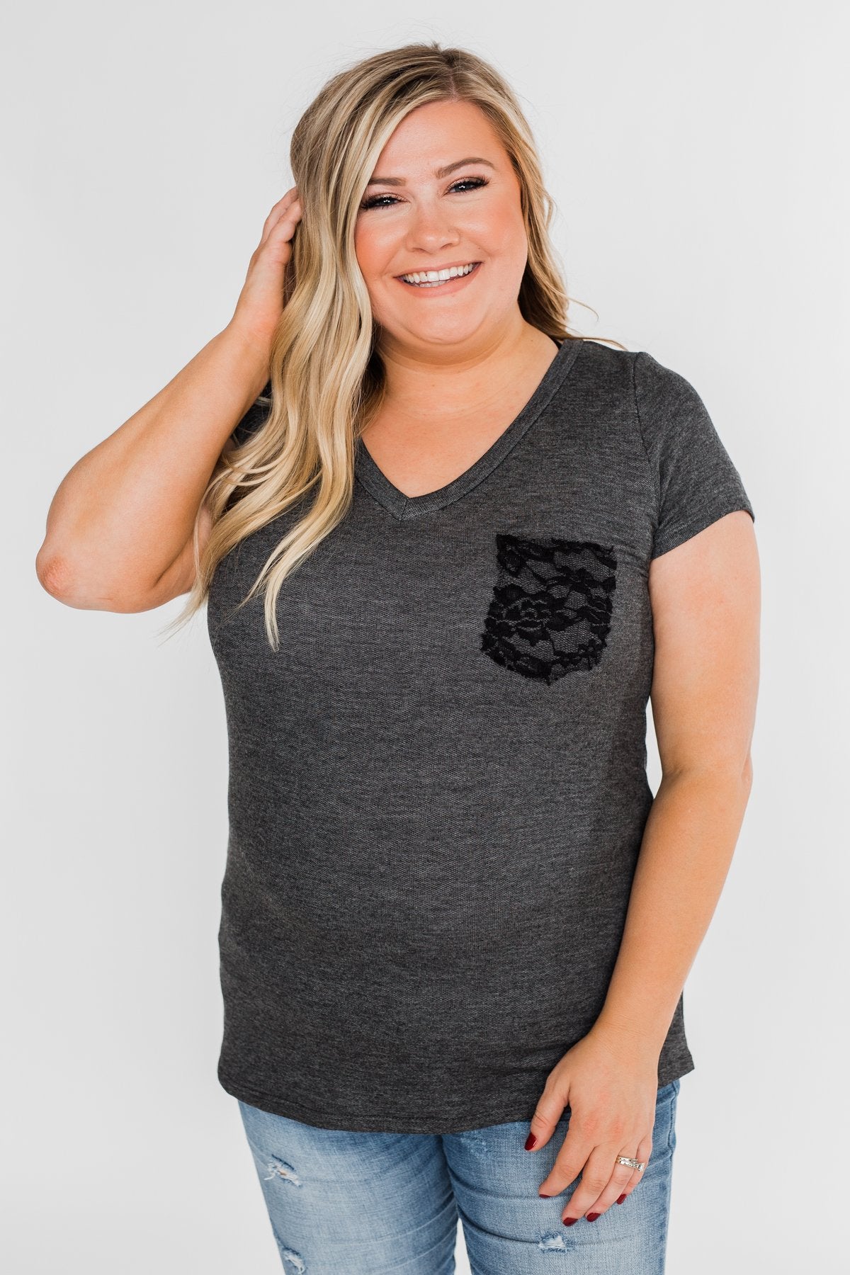 Torn Up in Lace Pocket Top- Black & Charcoal