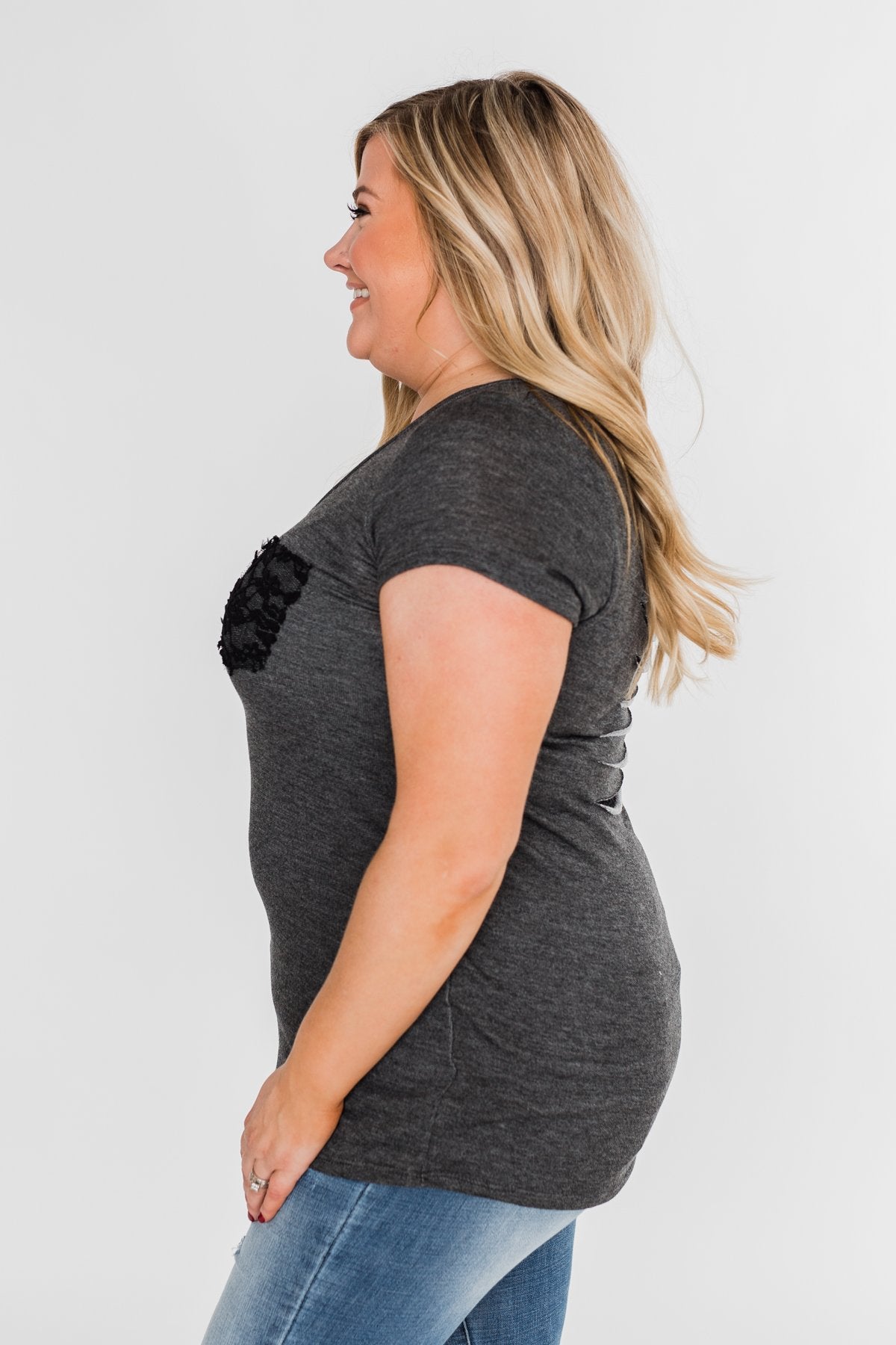 Torn Up in Lace Pocket Top- Black & Charcoal