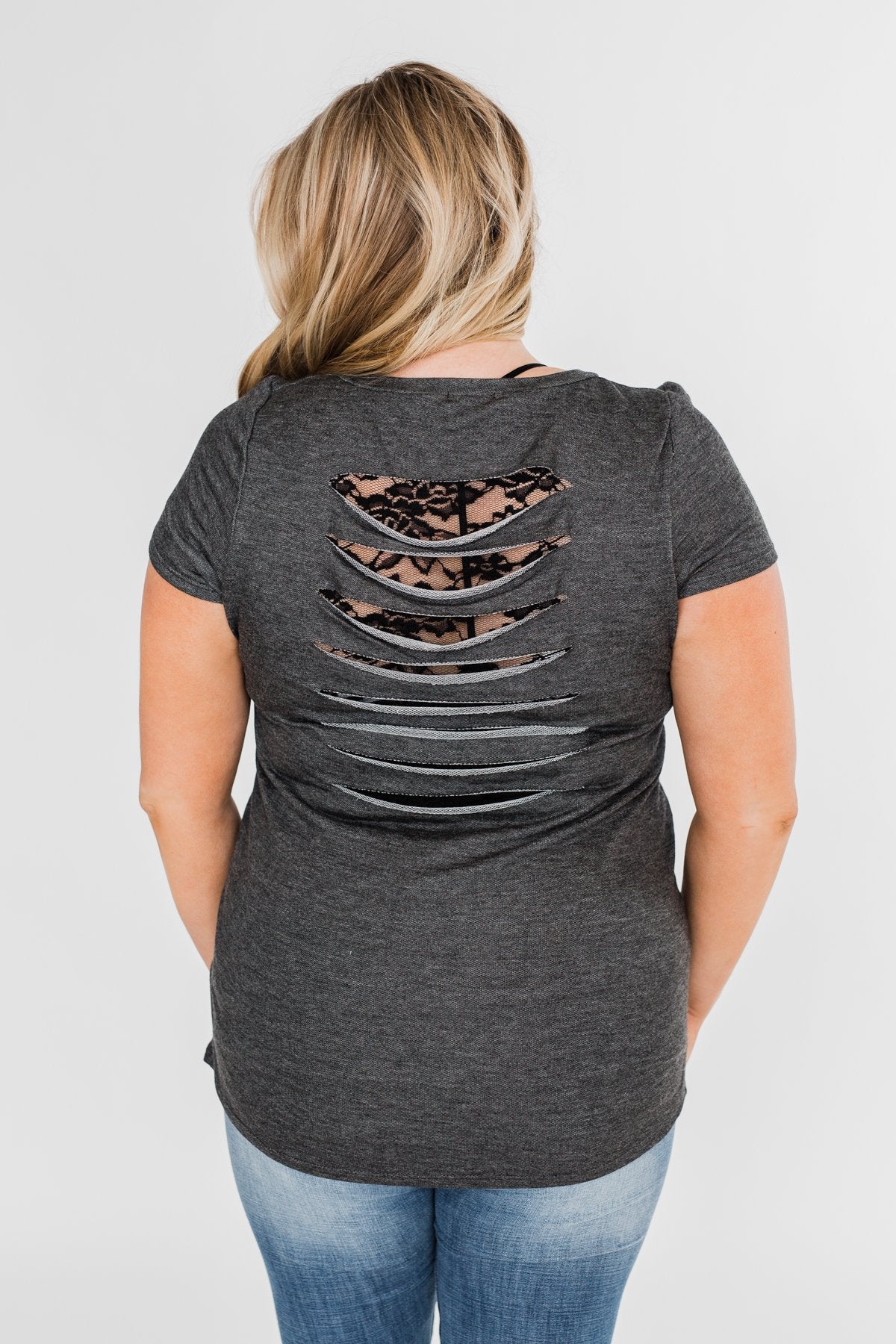Torn Up in Lace Pocket Top- Black & Charcoal
