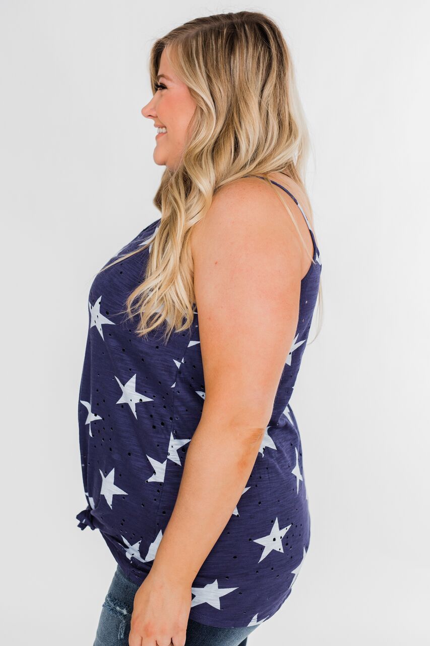 Distressed Star Tie Tank Top- Blue