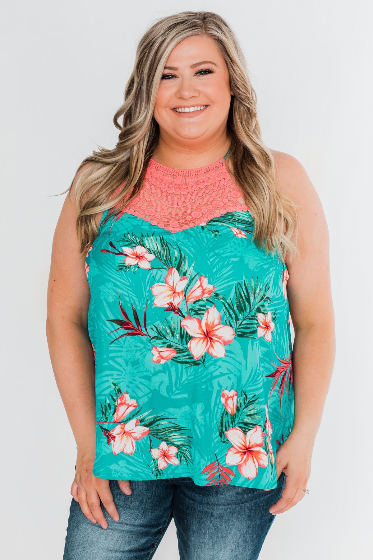 Tropical Crochet Halter Tank Top- Teal