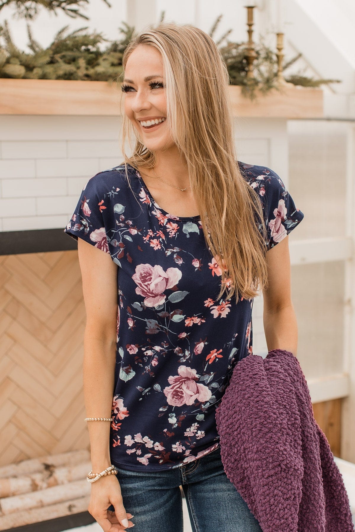 Always On My Mind Floral Top- Navy