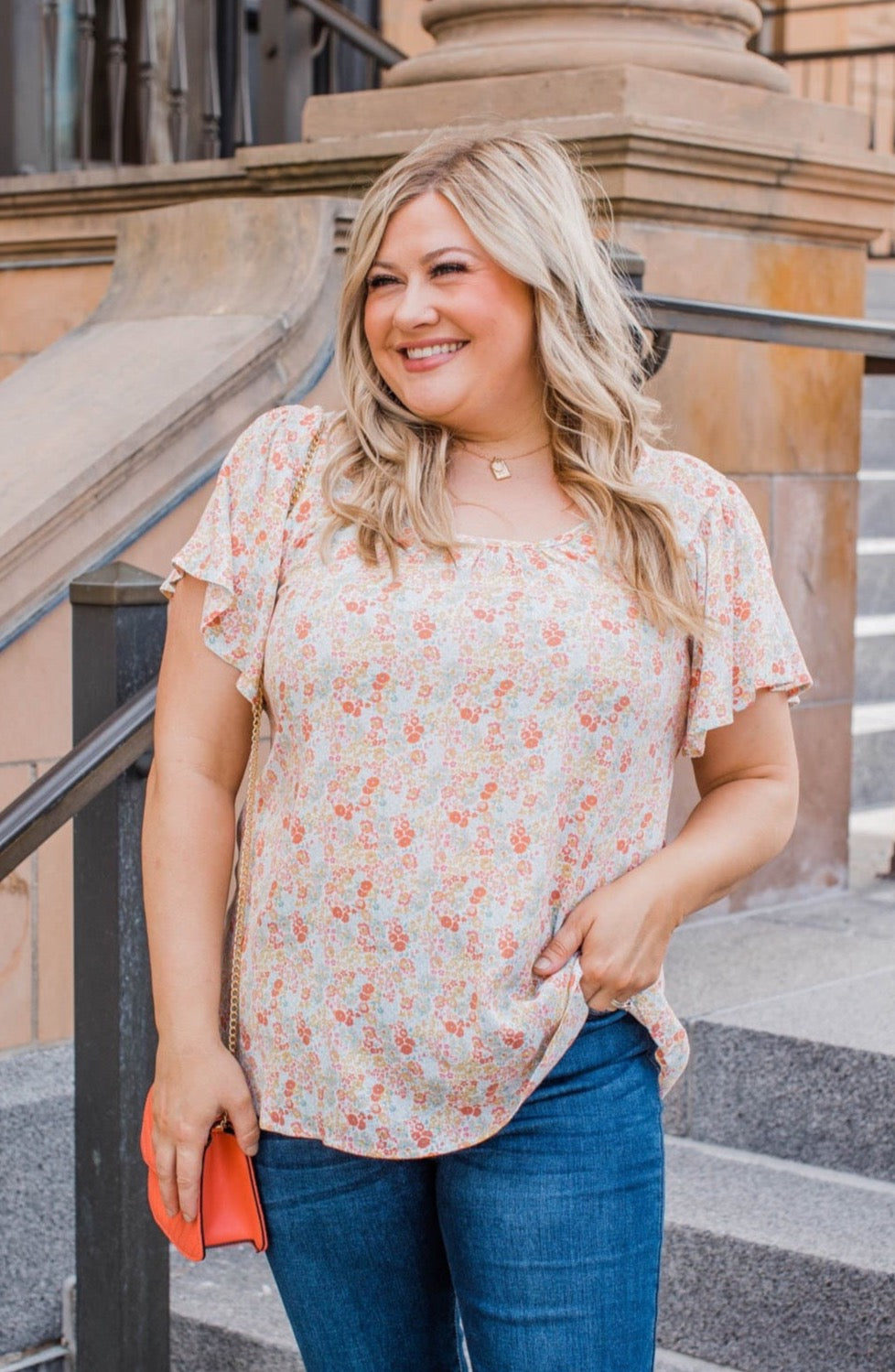 Fluttering Butterflies Floral Top- Coral