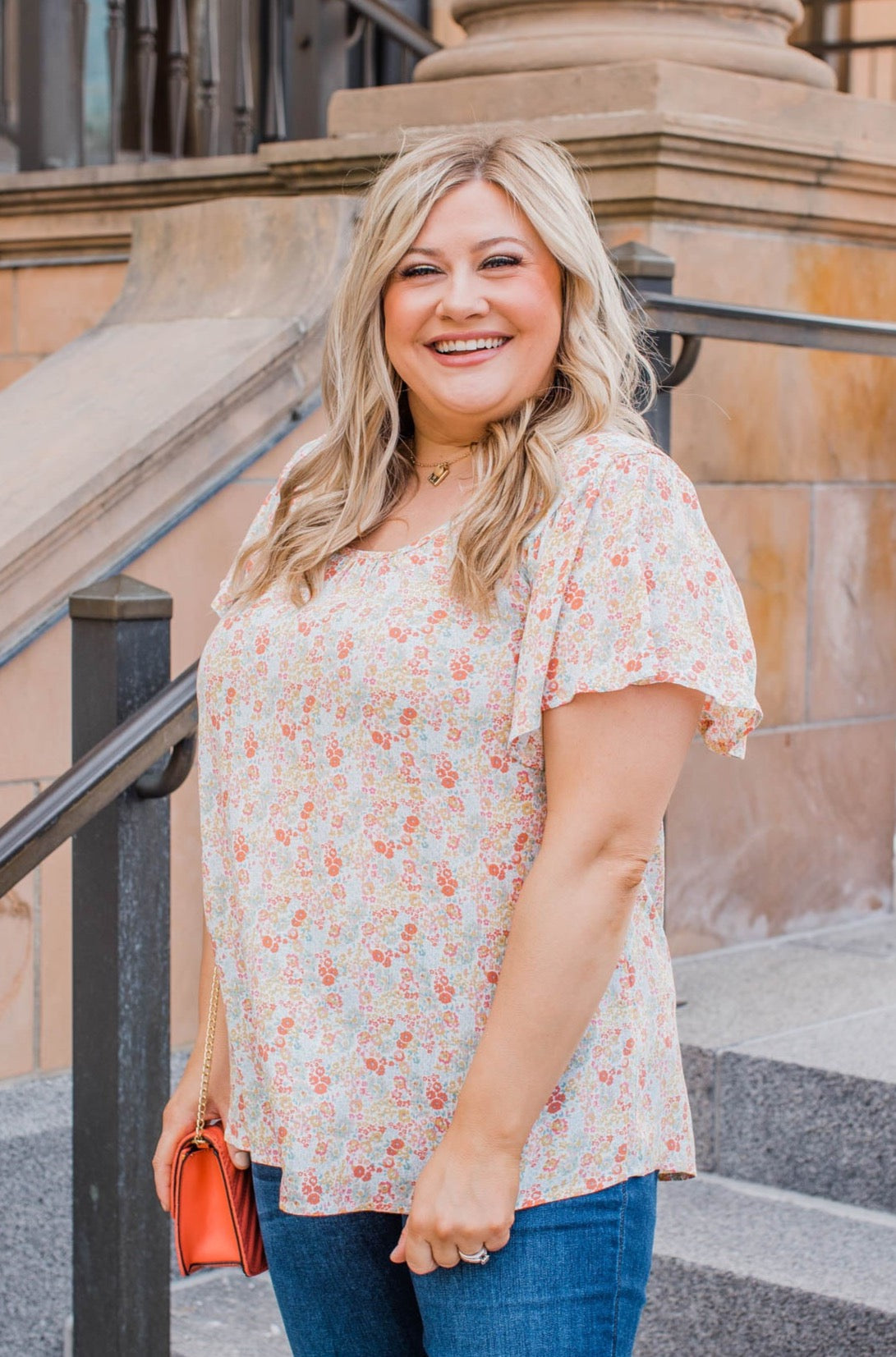 Fluttering Butterflies Floral Top- Coral