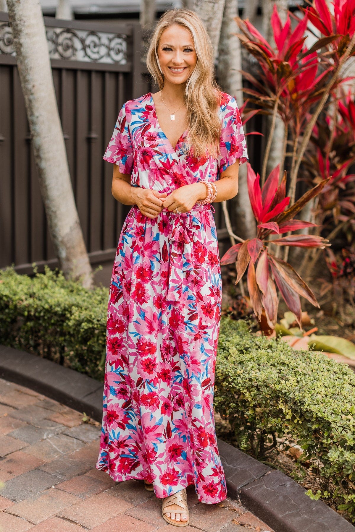 Keep You Around Floral Maxi Dress- Ivory & Hot Pink Keep You Around Floral Maxi Dress- Ivory & Hot Pink