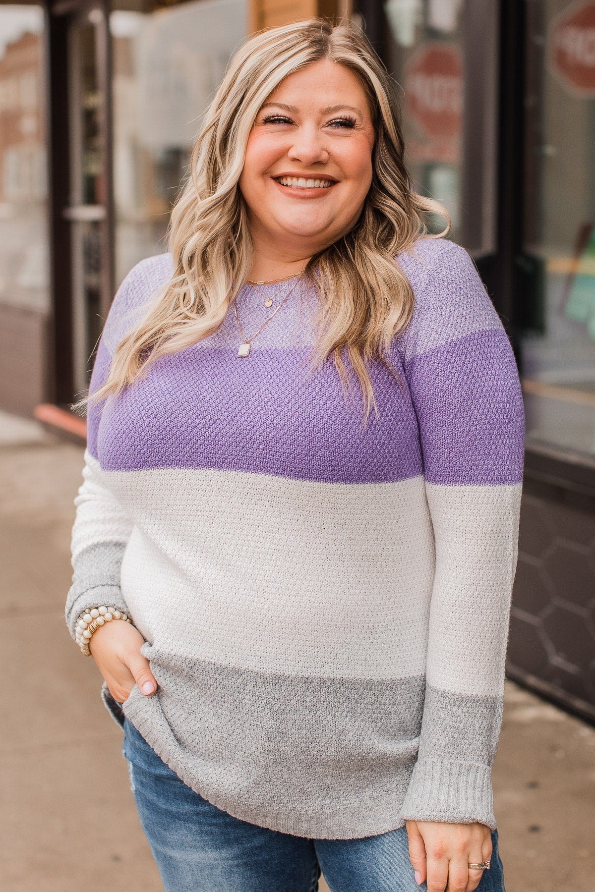 All About Spring Color Block Knit Sweater Lavender Ivory The
