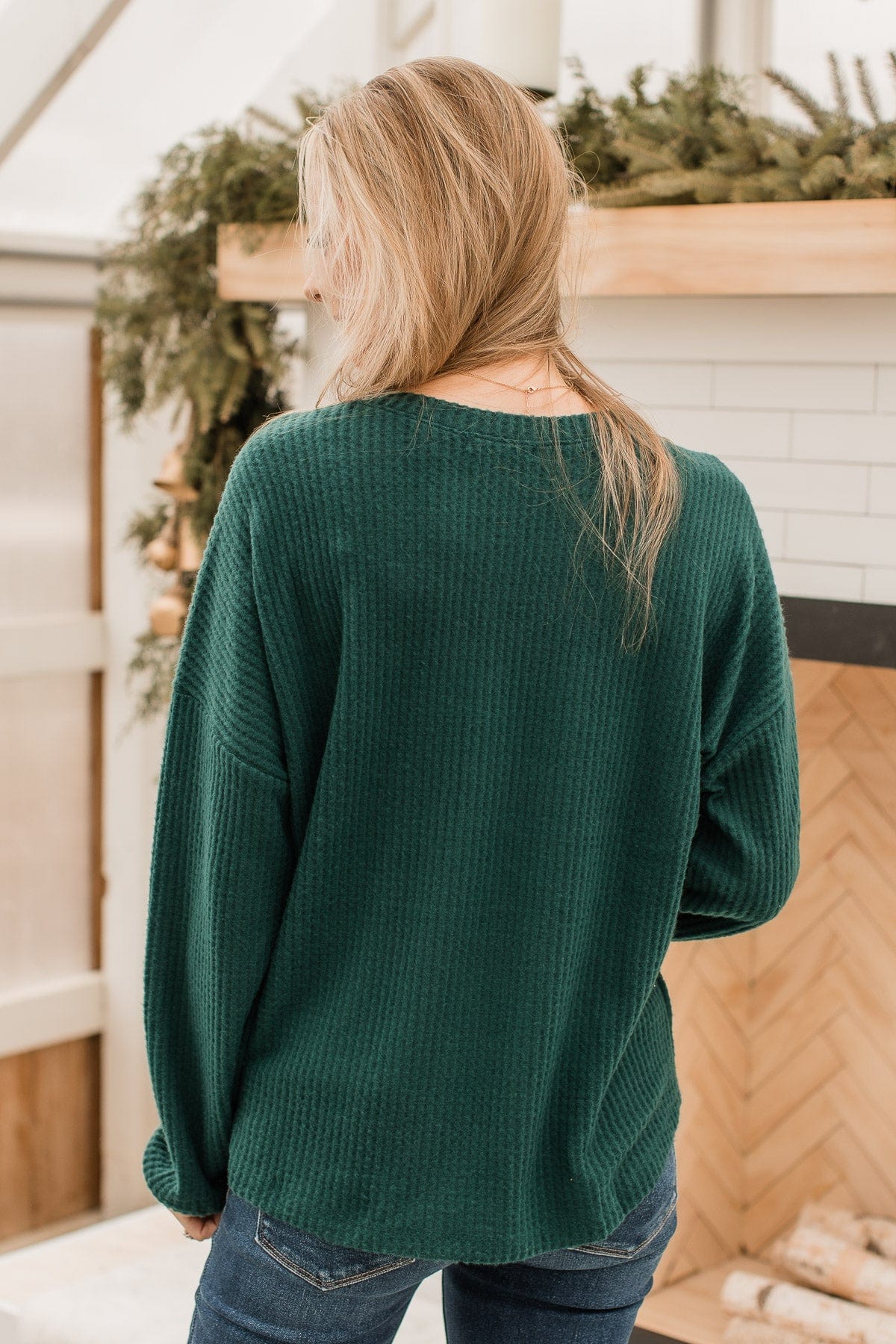 Snuggled In Waffle Knit Top- Hunter Green