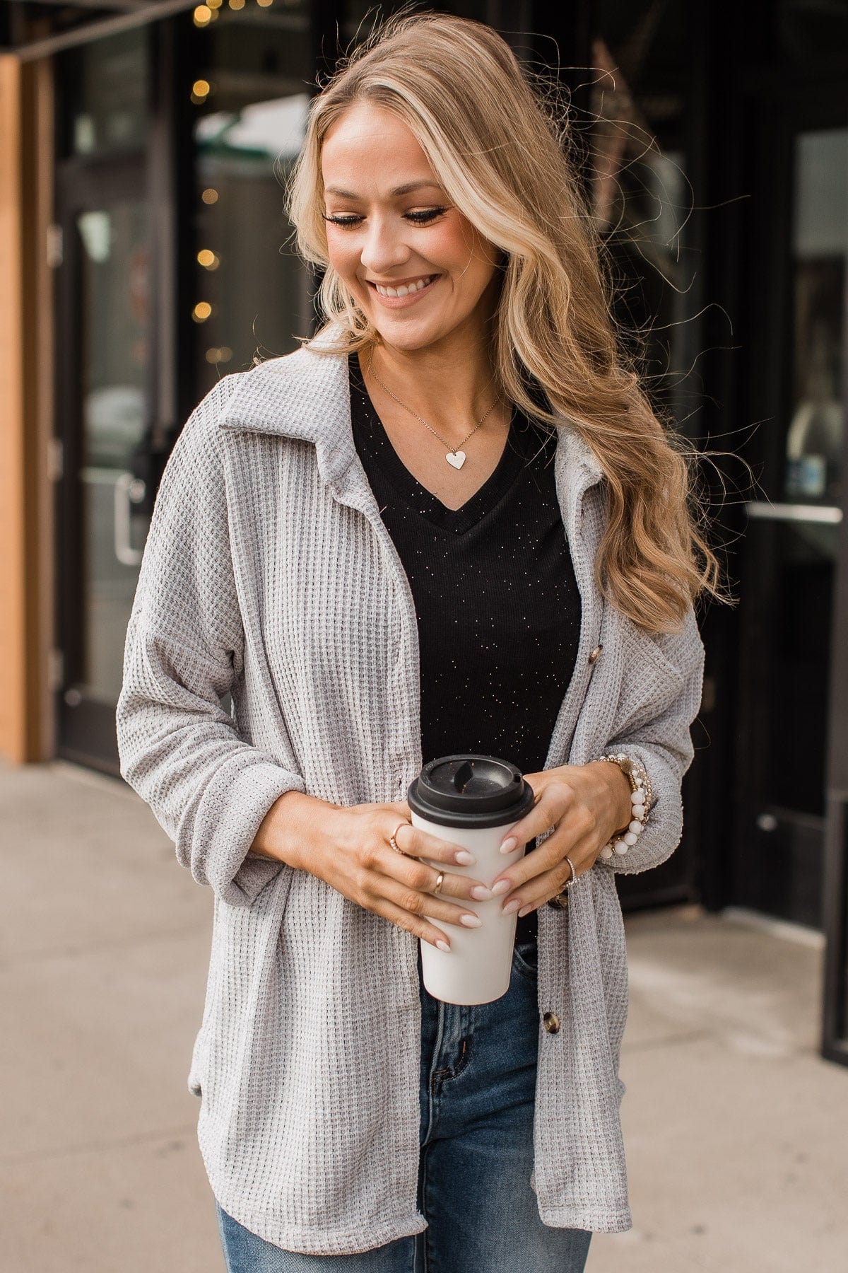 One Step Ahead Knit Button Top- Light Grey