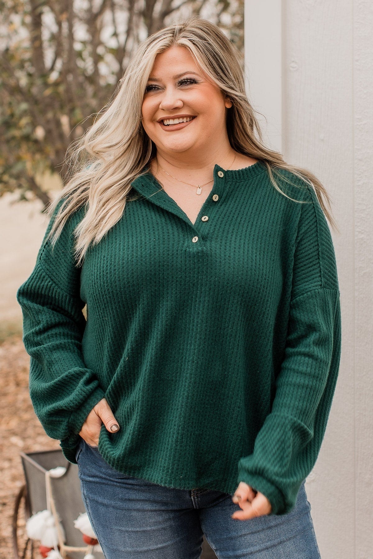 Snuggled In Waffle Knit Top- Hunter Green