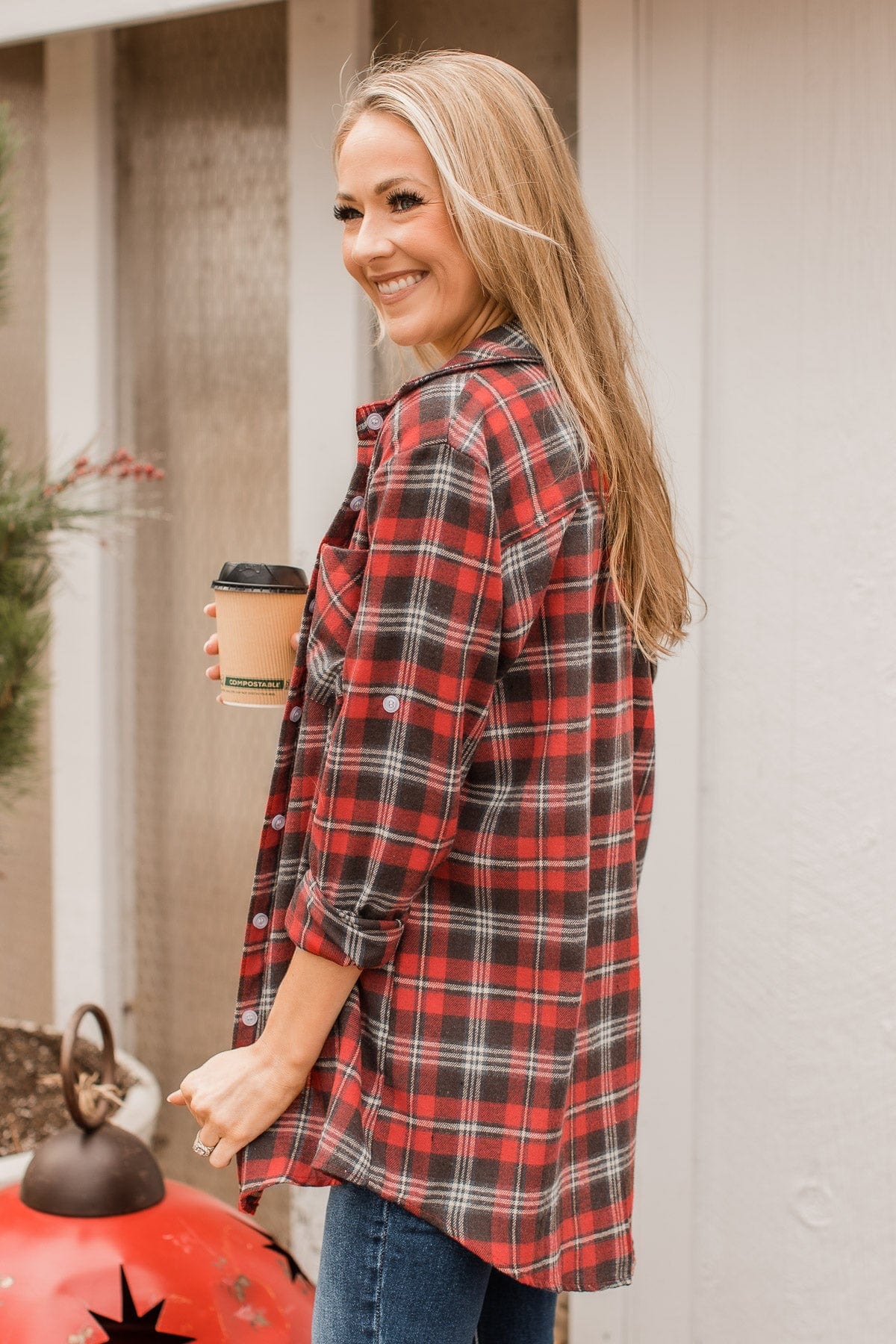 To The Tree Farm Plaid Button Top- Red & Dark Brown