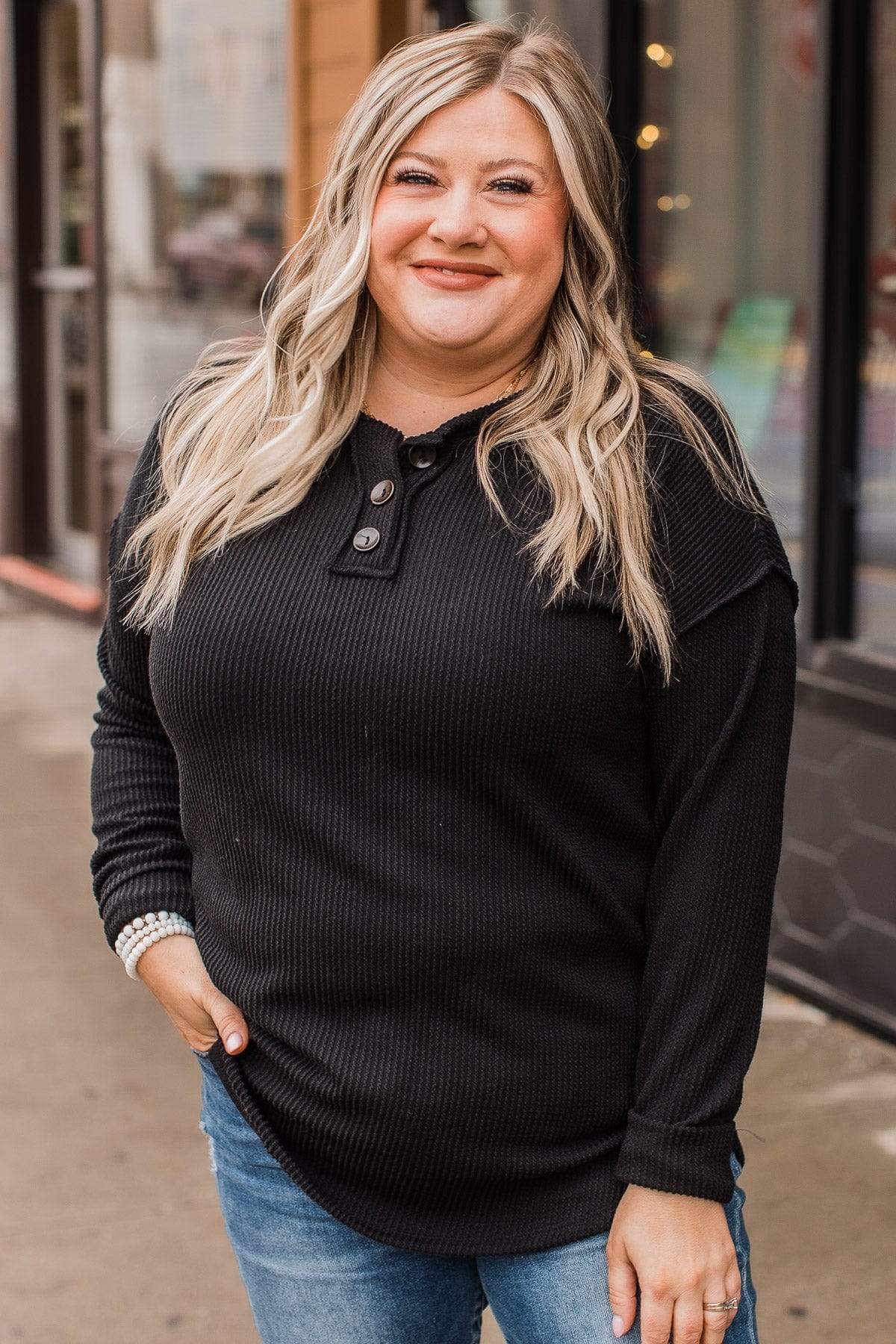 Make It Your Own Button Knit Top- Black