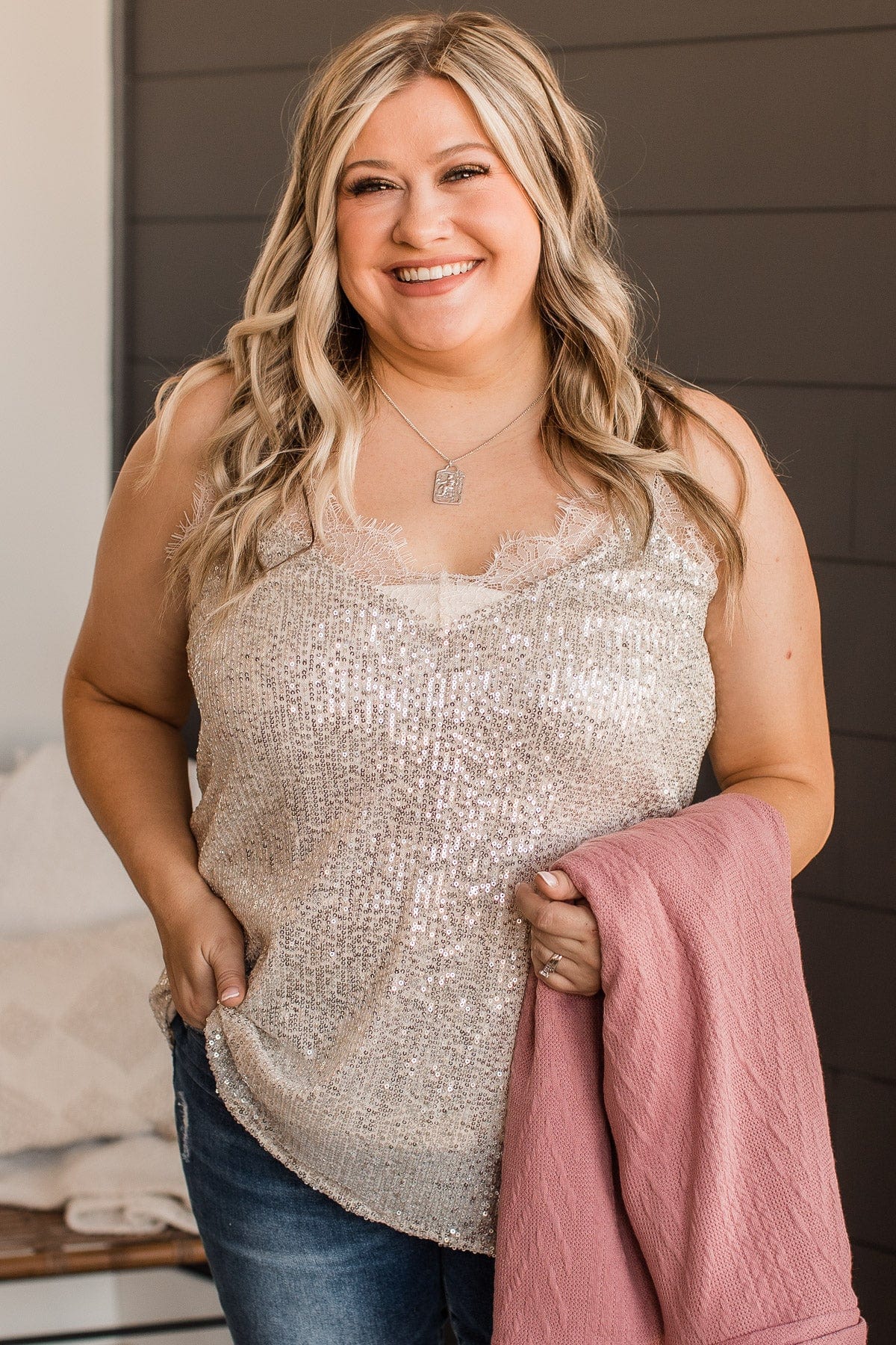 Stunning In Sequins Tank Top- Champagne