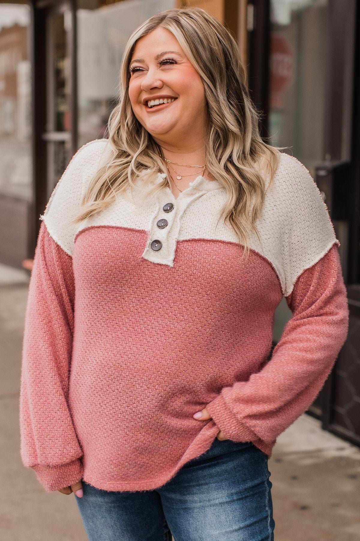 Take Your Chance Button Knit Top- Ivory & Dusty Rose