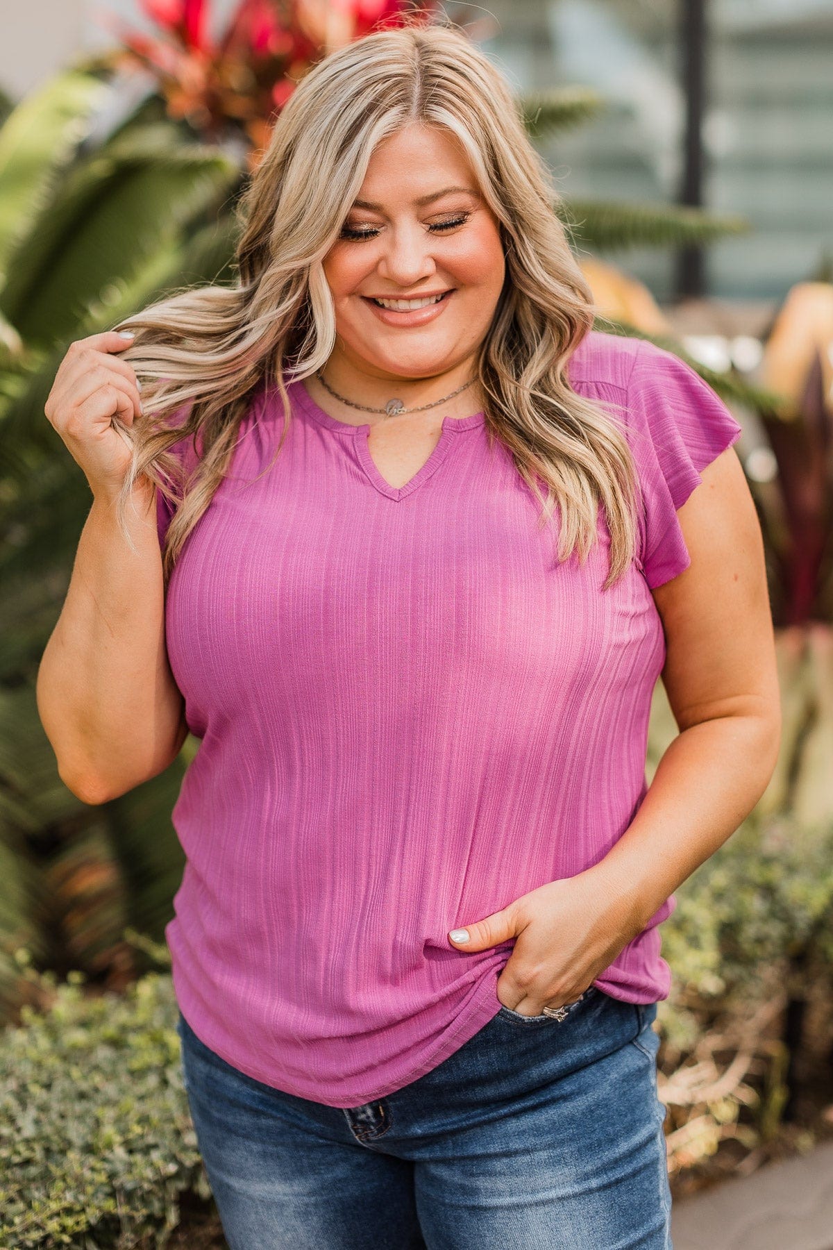 Laugh Often Ribbed Knit Top- Orchid