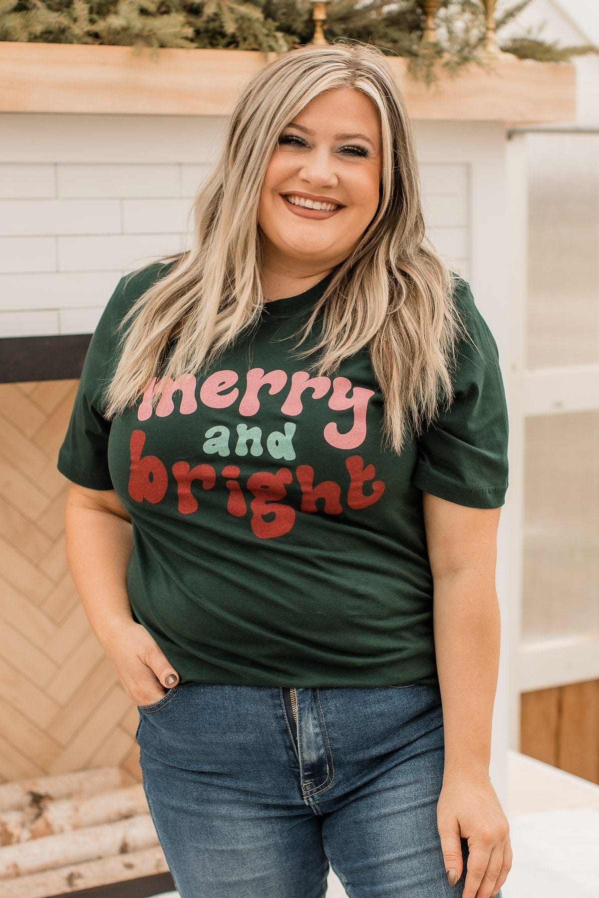 "Merry And Bright" Graphic Tee- Forest Green
