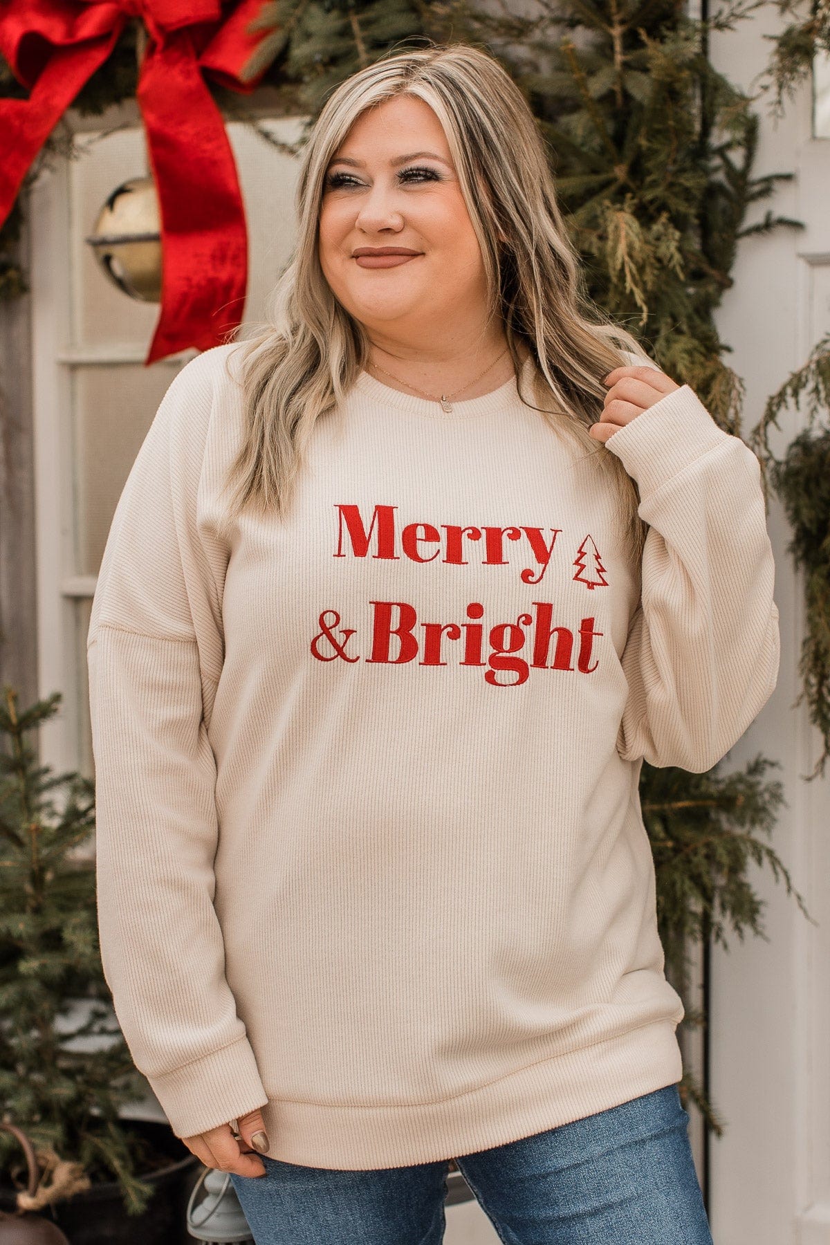 "Merry & Bright" Corduroy Knit Crew Neck- Cream