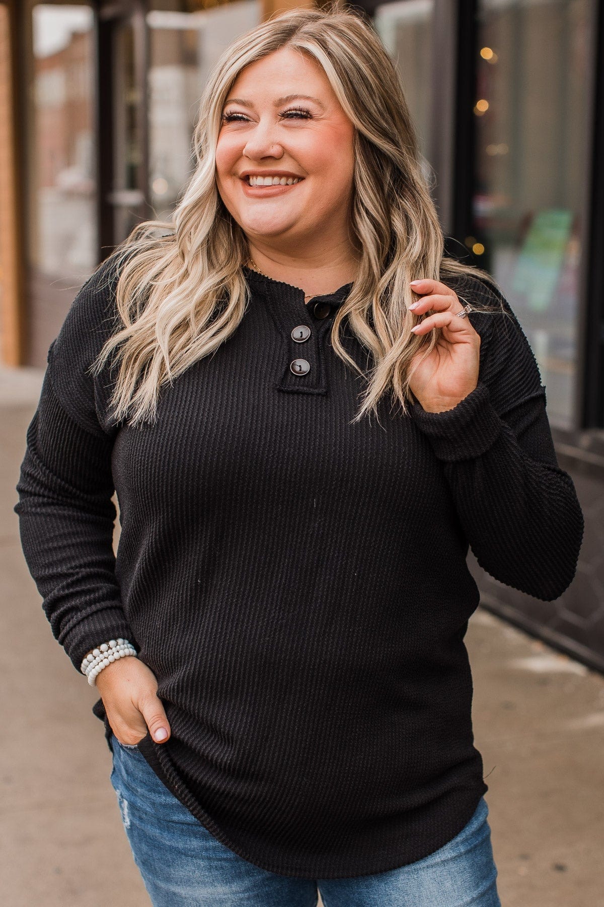 Make It Your Own Button Knit Top- Black