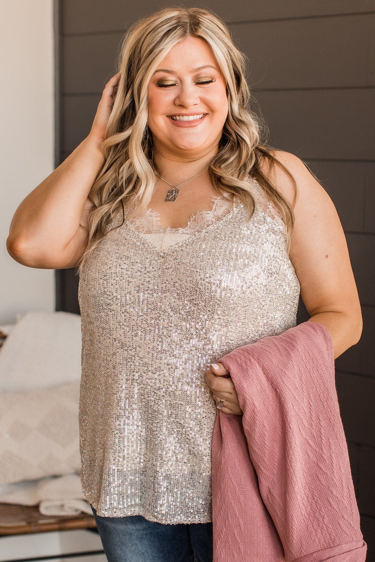 Stunning In Sequins Tank Top- Champagne