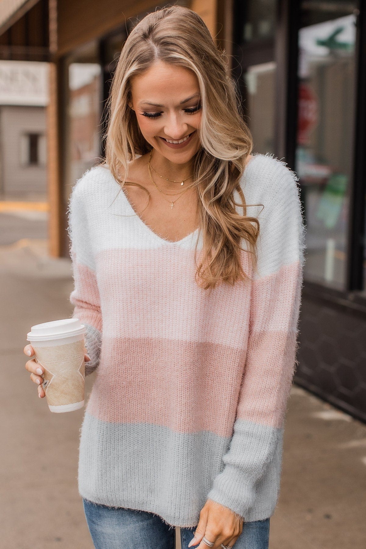 My Reason Why Knit Sweater- Ivory, Pink, & Grey
