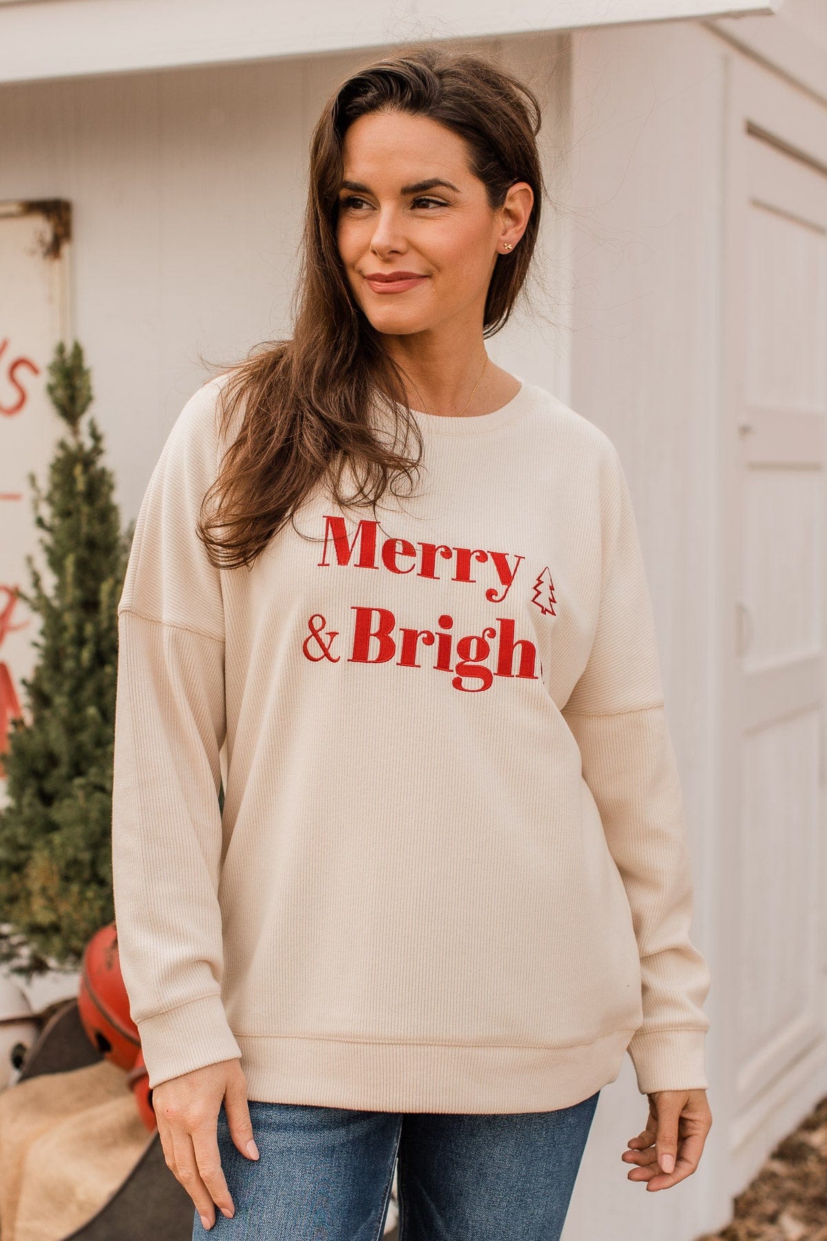 "Merry & Bright" Corduroy Knit Crew Neck- Cream