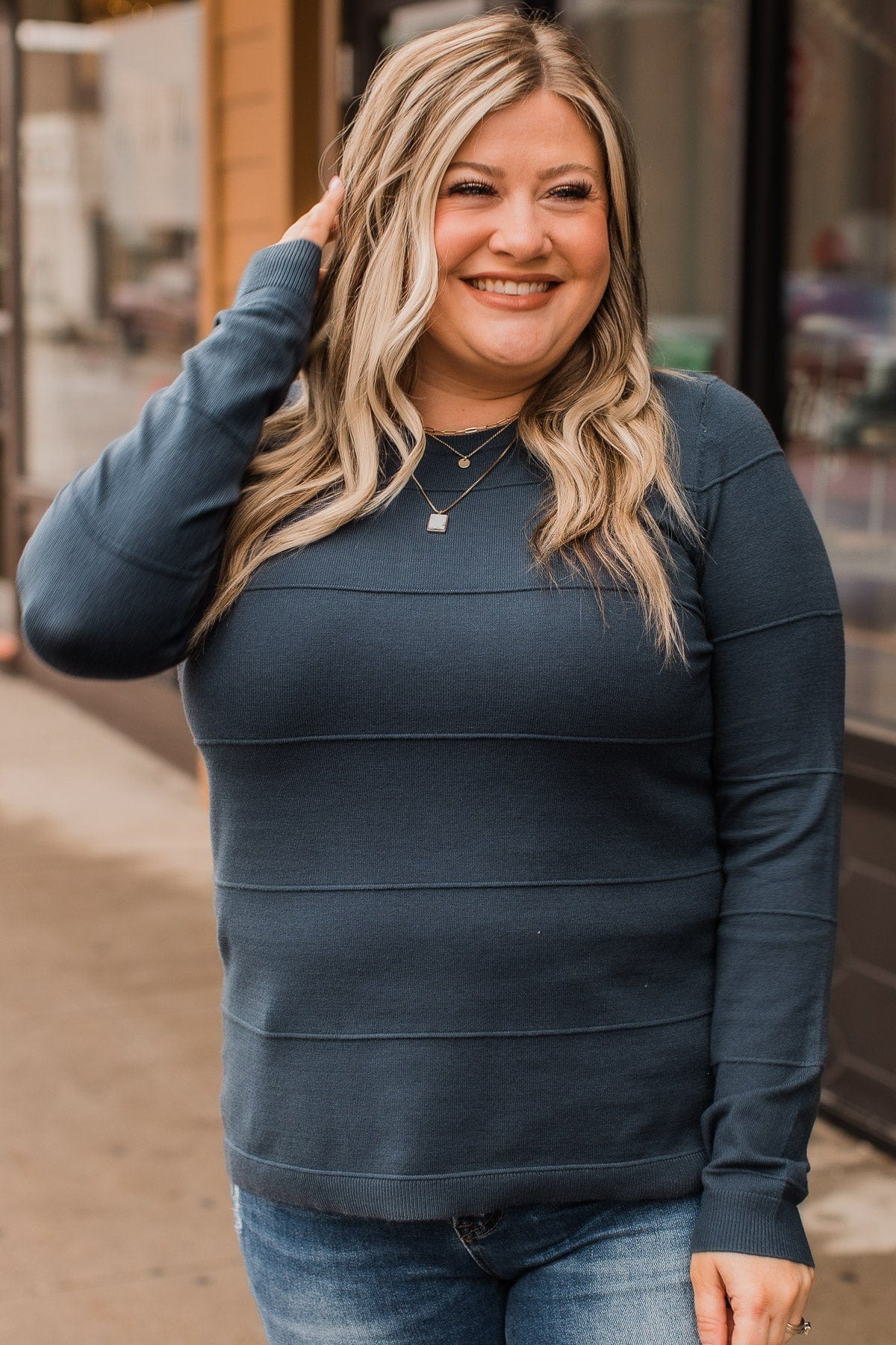 Sweet Kisses Striped Knit Sweater- Dark Teal
