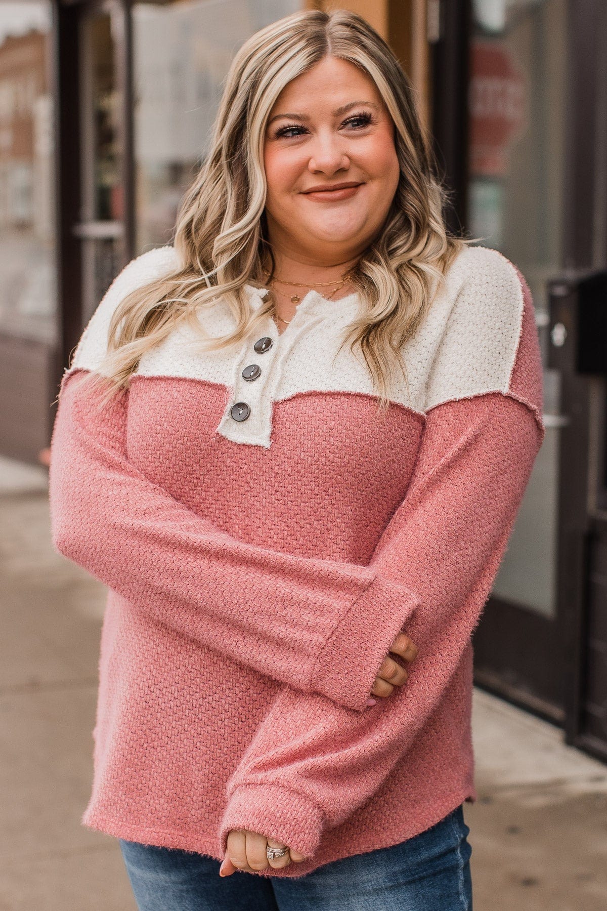 Take Your Chance Button Knit Top- Ivory & Dusty Rose