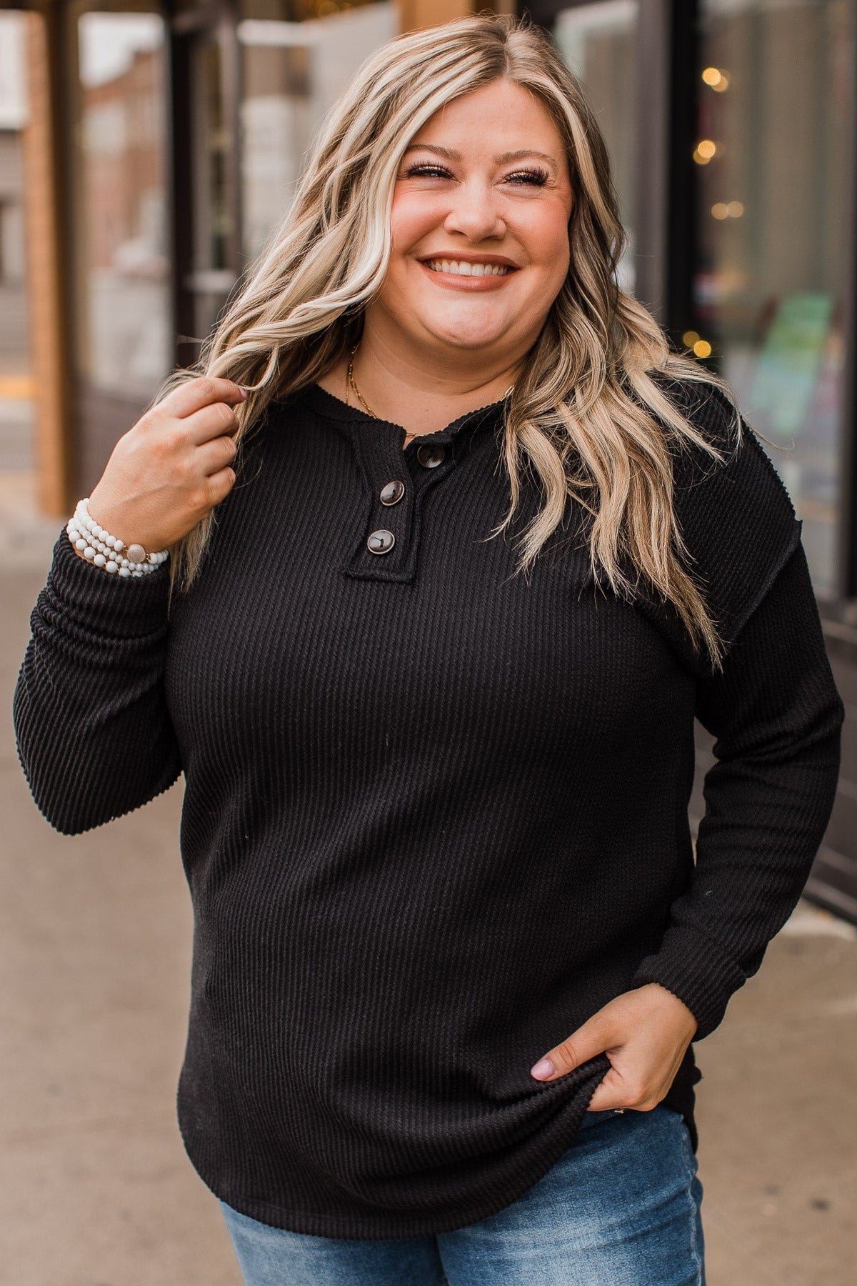 Make It Your Own Button Knit Top- Black