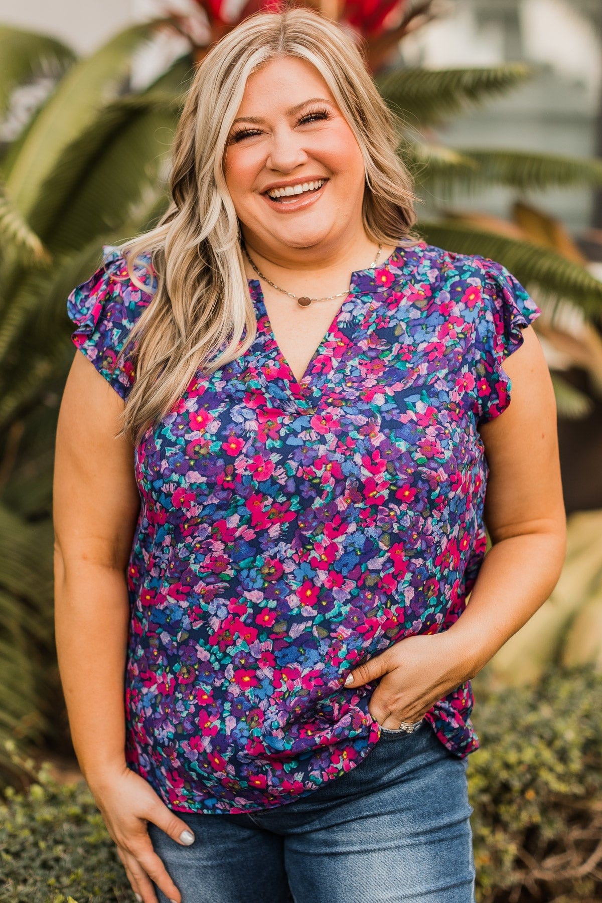 It's A New Day Floral Blouse- Purple, Royal Blue, & Pink