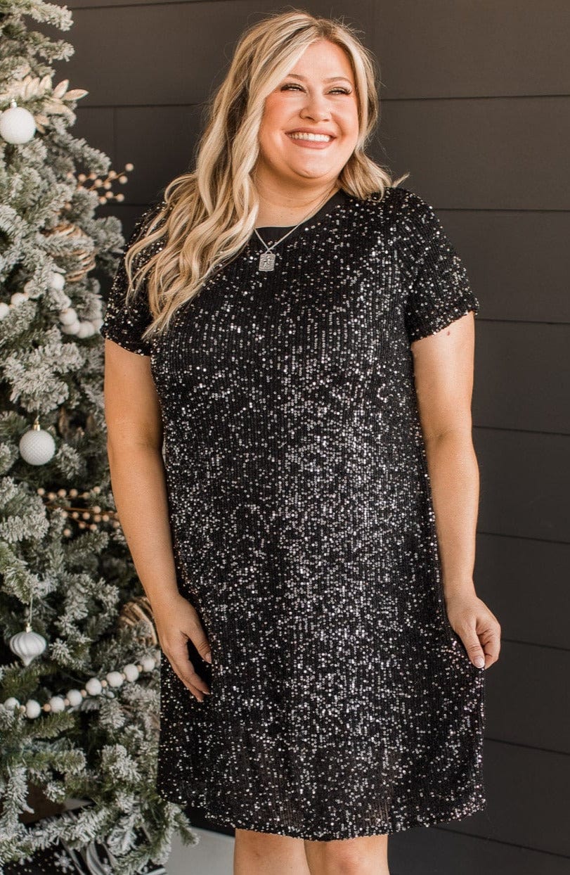 Black sequin shift dress plus size sale