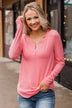 Rise To The Top Long Sleeve Henley Top- Bubblegum Pink