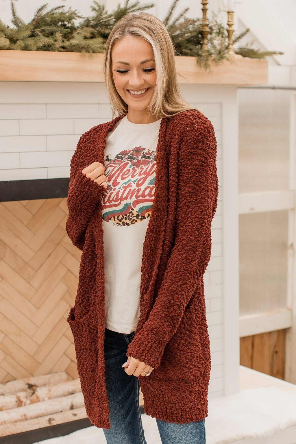 Take Another Look Popcorn Cardigan- Dark Rust - Main Image