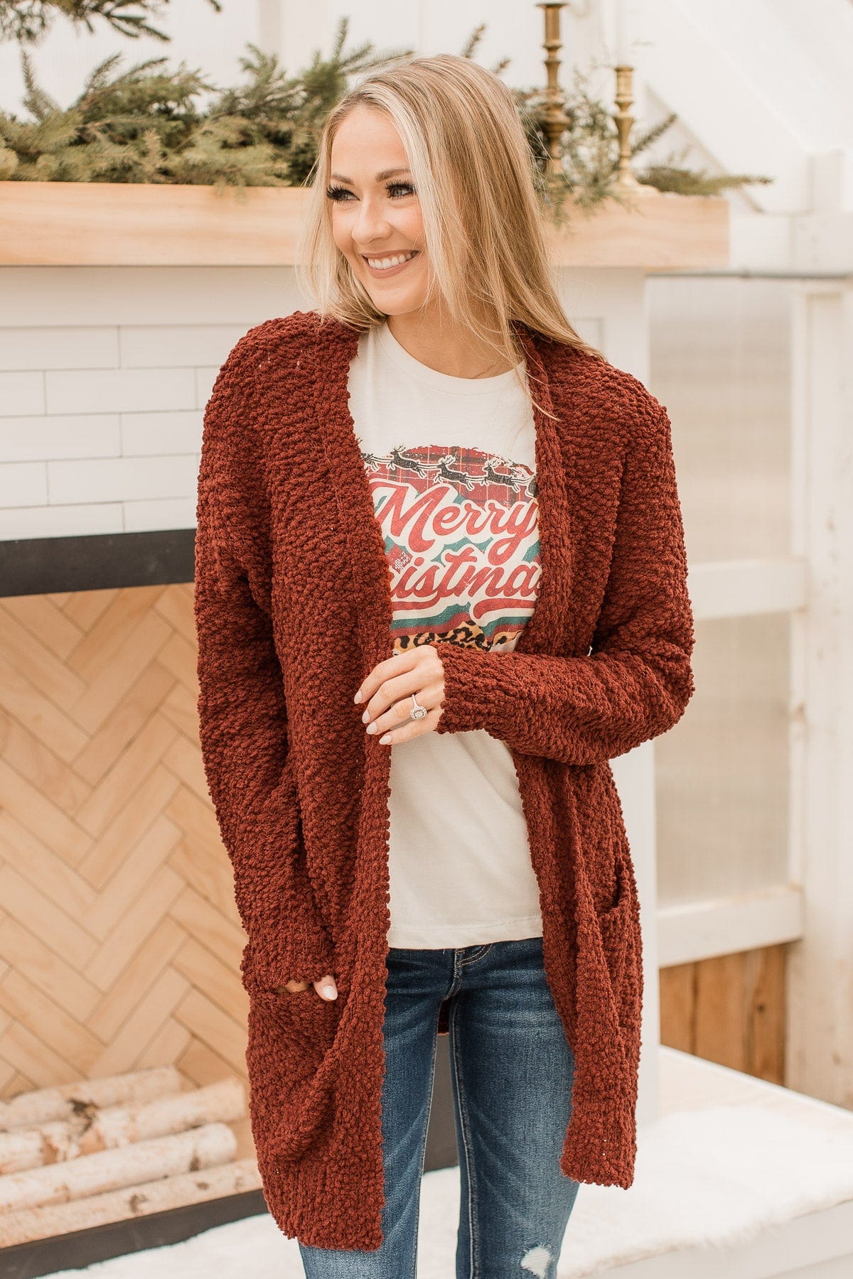Take Another Look Popcorn Cardigan- Dark Rust