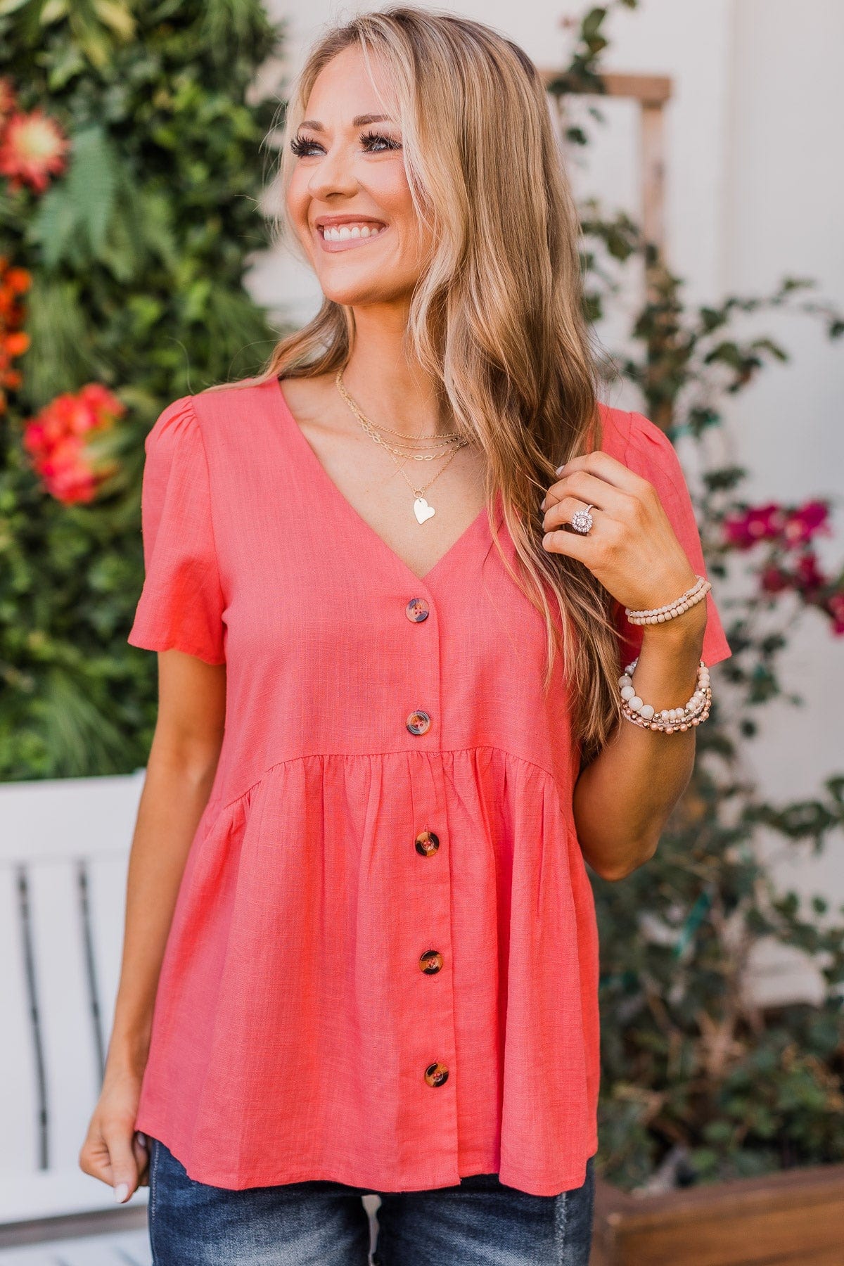 Always Confident Babydoll Button Top- Coral