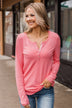 Rise To The Top Long Sleeve Henley Top- Bubblegum Pink