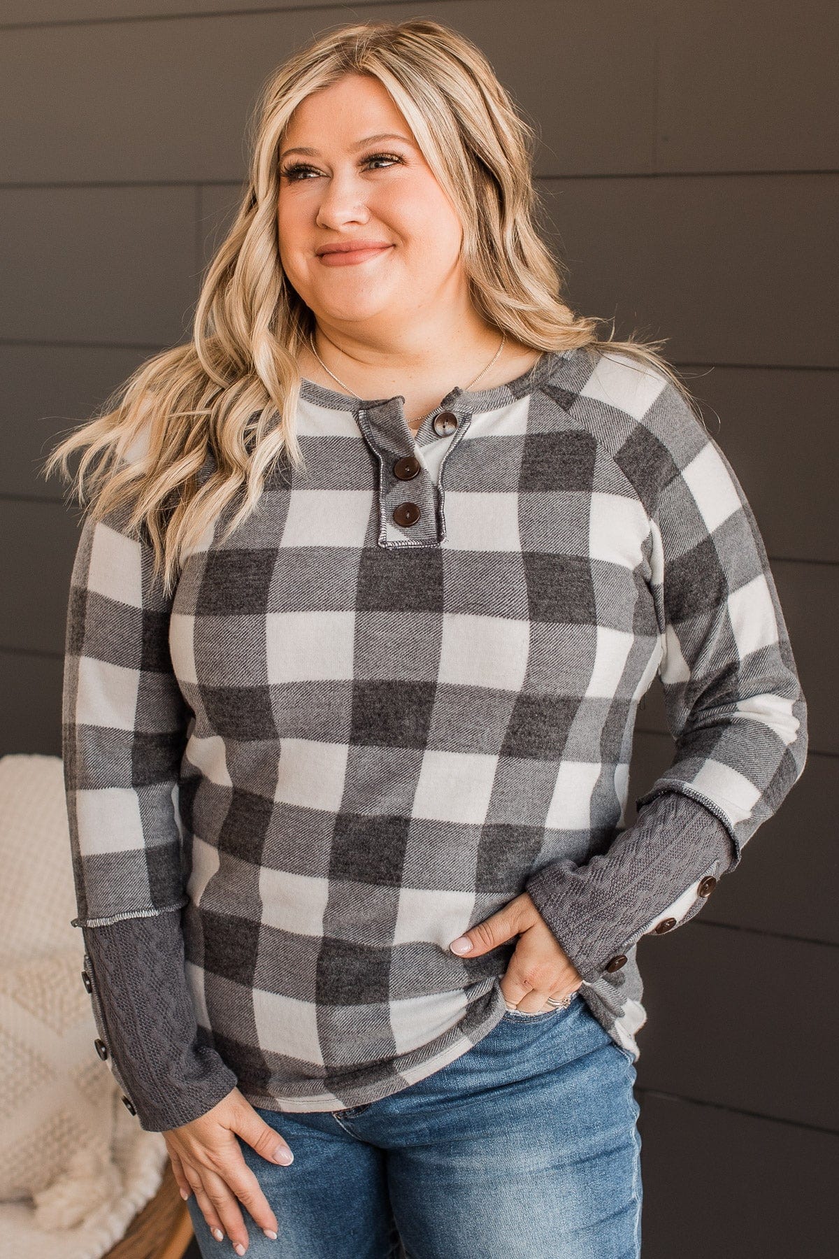 By The Fireside Plaid Knit Top- Off-White & Charcoal