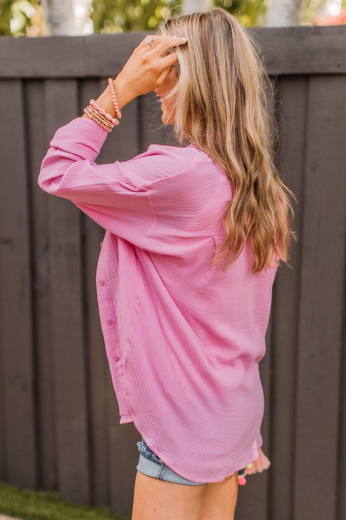Caught In A Moment Button Top- Bubblegum Pink