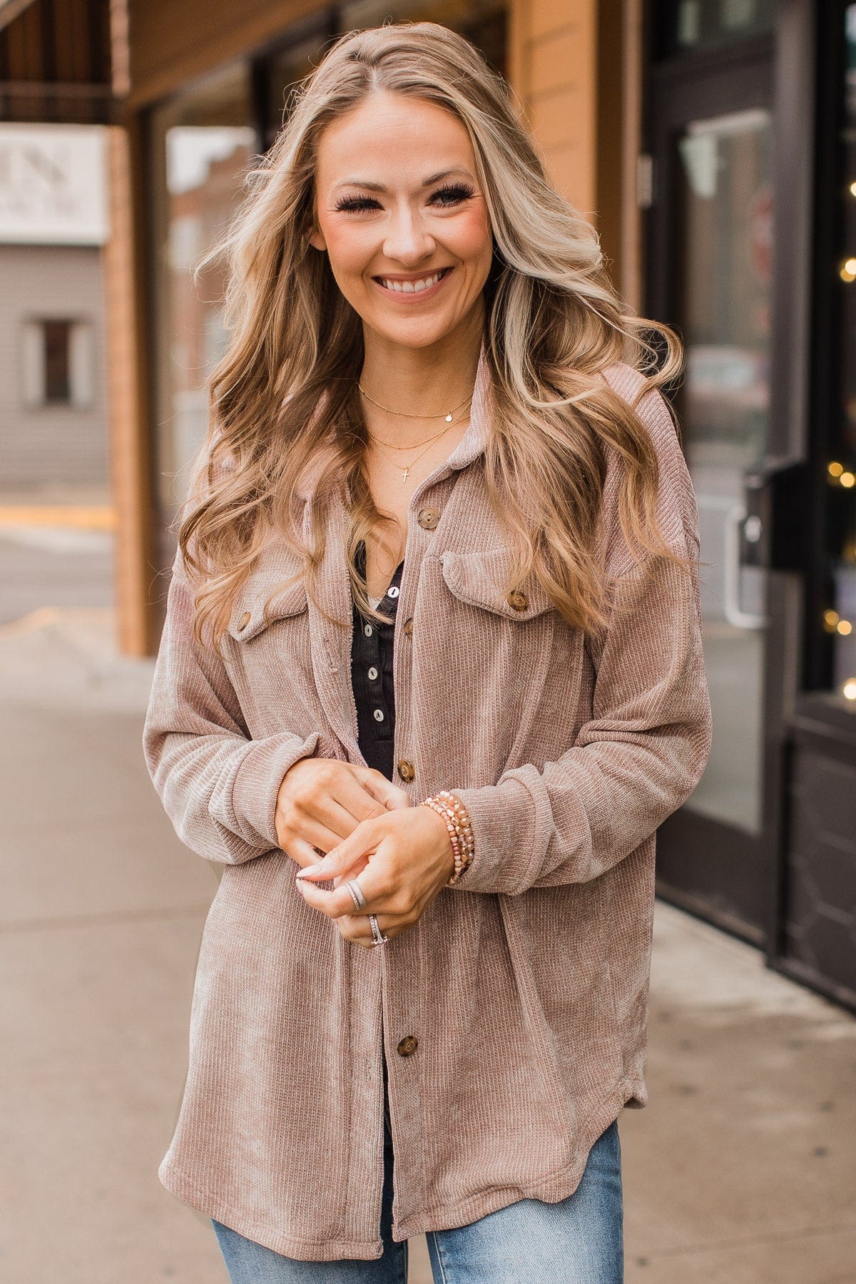 Cause For Applause Knit Button Top- Light Mocha