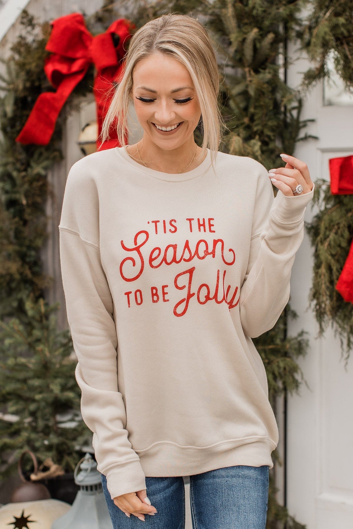 "Tis The Season To Be Jolly" Crew Neck- Beige