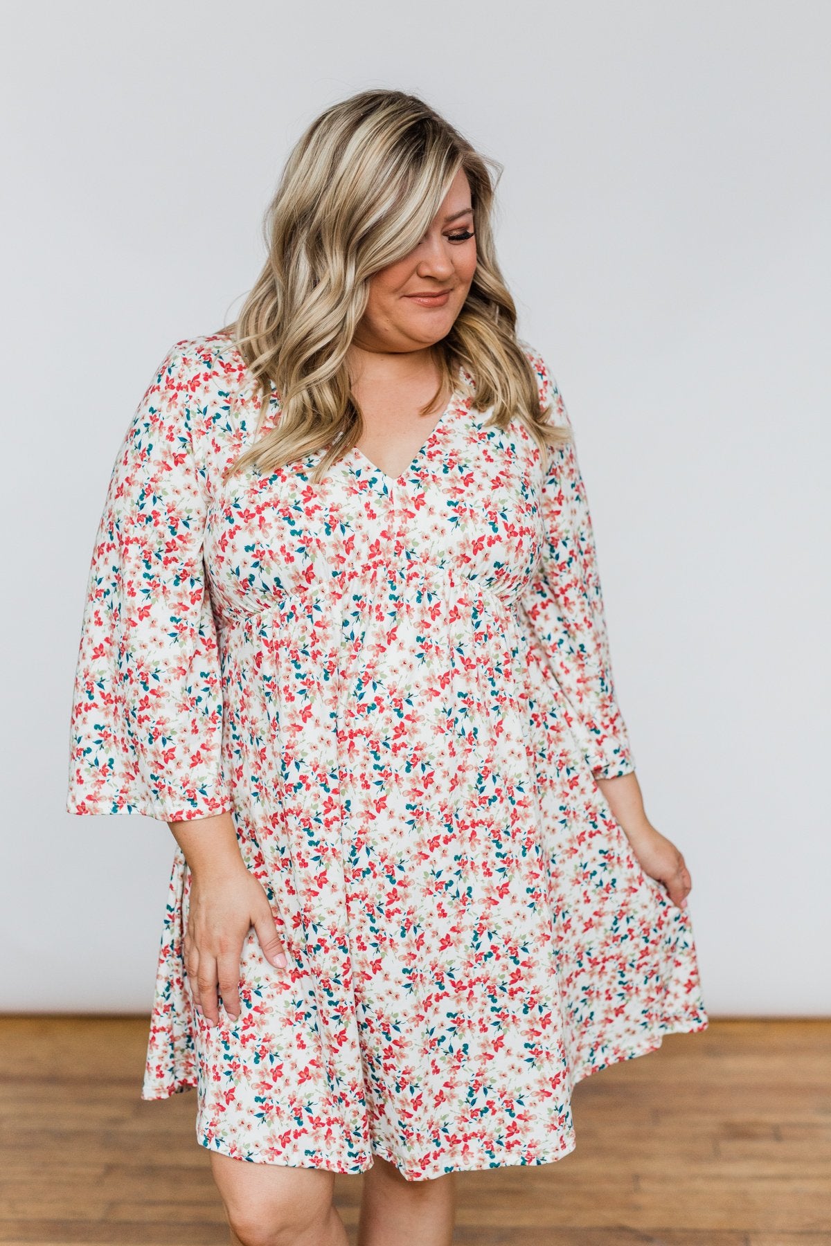 Lean On Me Floral V-Neck Dress- Ivory