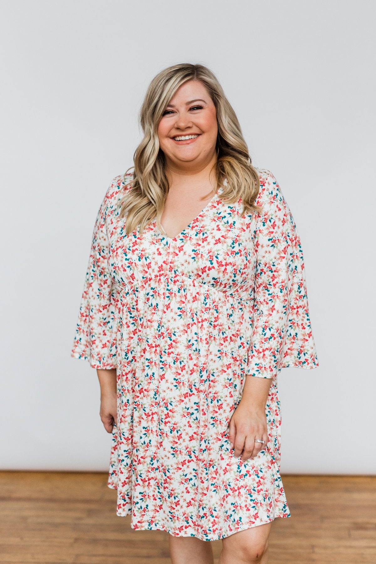 Lean On Me Floral V-Neck Dress- Ivory