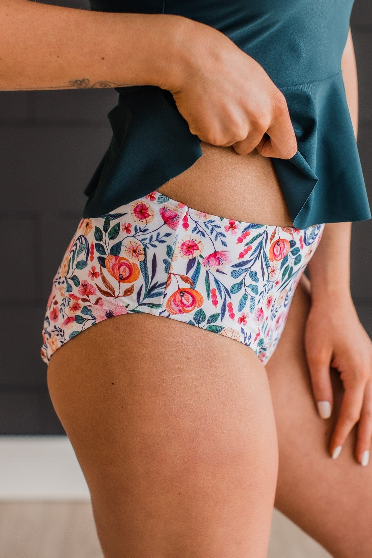 Bask In The Sun Floral Swim Bottoms- Ivory & Teal