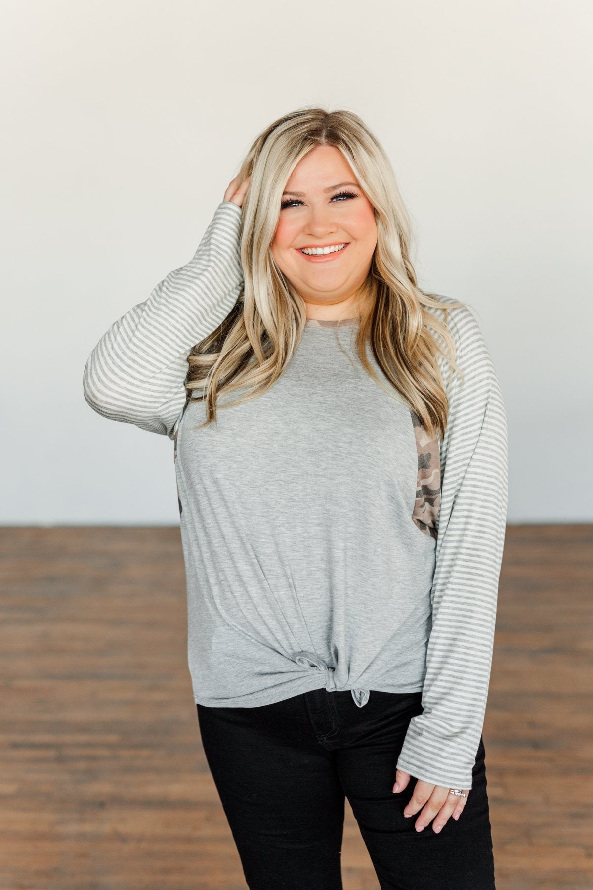 Just Around The Bend Color Block Top- Grey & Camo