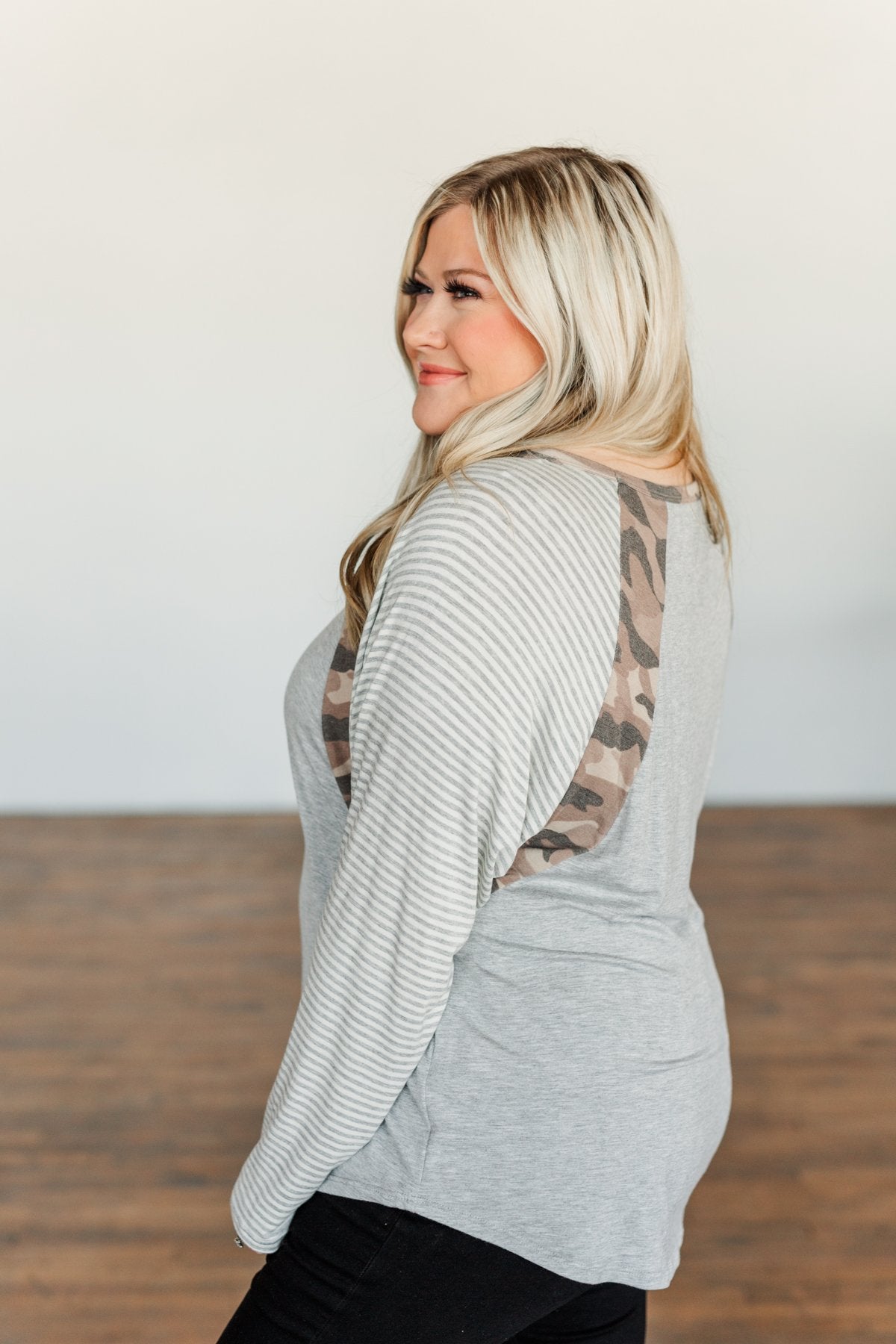 Just Around The Bend Color Block Top- Grey & Camo